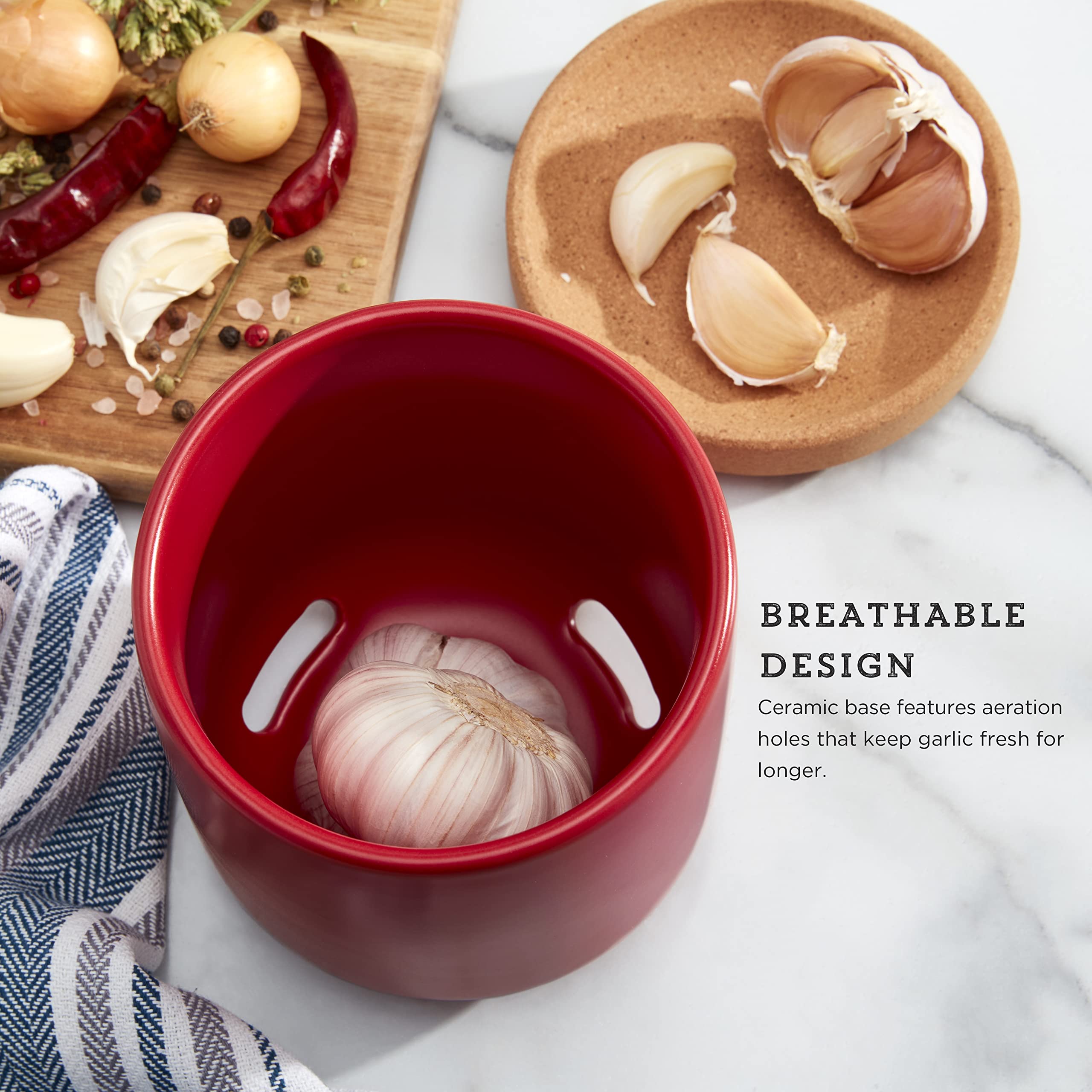 Ceramic & Cork Breathable Garlic Keeper - Stackable Space-Saving Design with Natural Cork Lid & Red Ceramic for Fresh Garlic Storage - Perfect for Kitchen, Pantry, and Countertop Organization