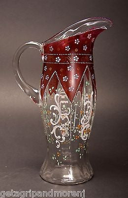 Hand-Painted Czech Bohemian Glass Pitcher and 4 Glasses Set - Red Floral Design for Wine, Juice & Water - Perfect for Parties, Weddings & Home Decor