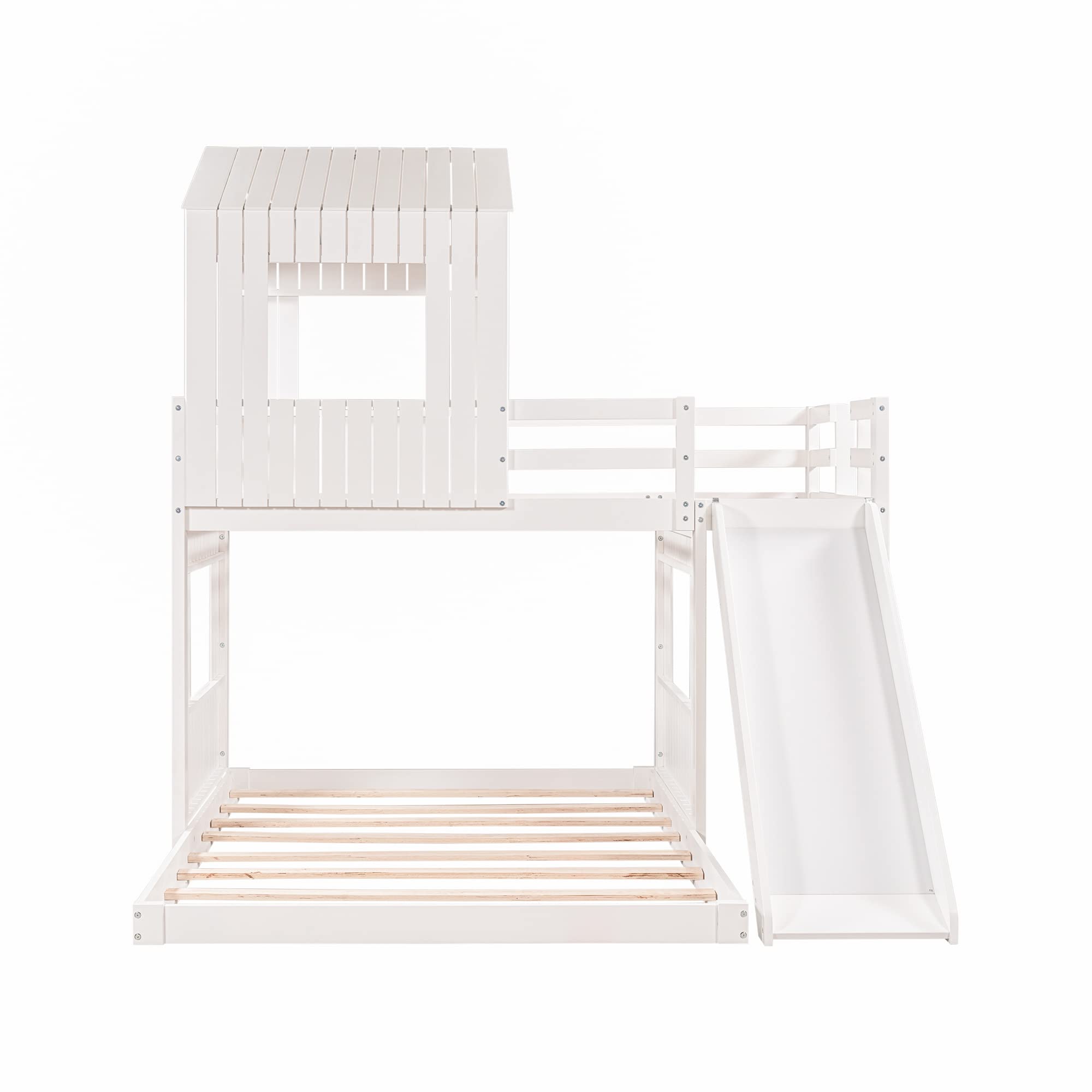 Quarte Twin Over Full Bunk Bed with Slide & Ladder - Solid Wood Loft Bed Frame with Playhouse, Farmhouse Design & Safety Guardrails - Perfect for Kids, Teens, Boys & Girls (White) - Ideal for Small Bedrooms, Playrooms & Shared Kids' Spaces