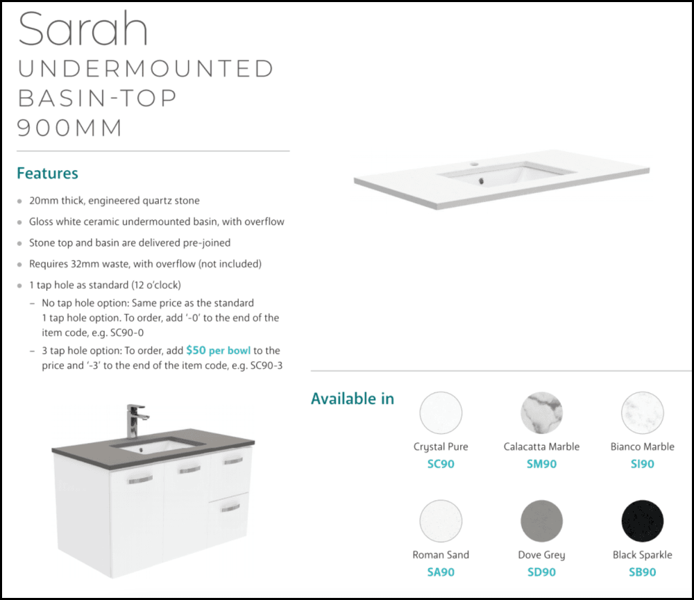 Fienza Sarah 900mm SI90C Bianco Marble Bathroom Vanity Unit with Fingerpull & Kickboard - White - Modern Sink Cabinet for Small Bathrooms & Powder Rooms