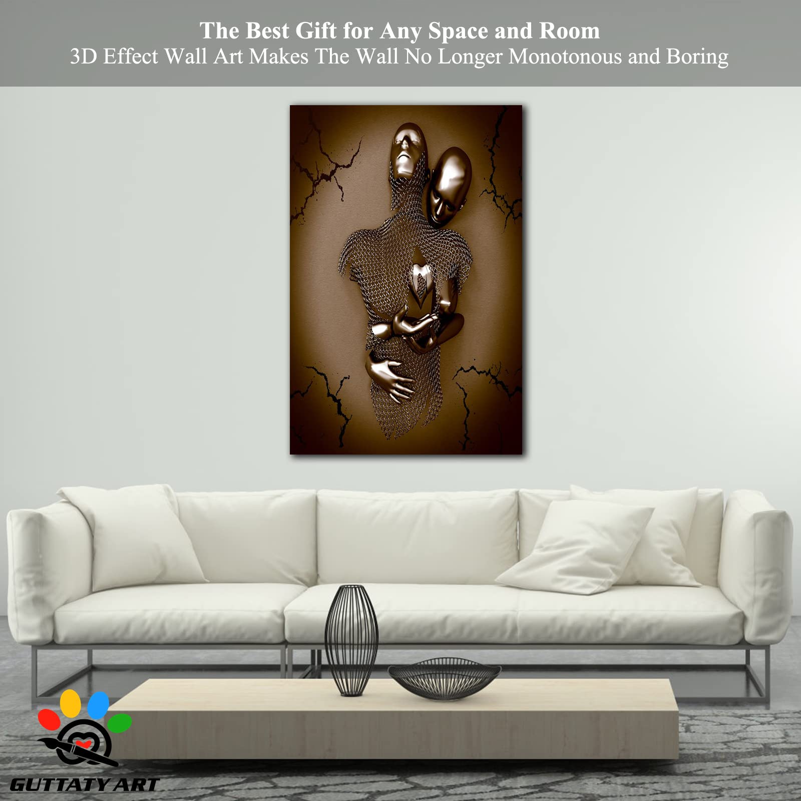 3D Metal Effect Love Heart Gray Brown Canvas Wall Art - 28x40 Inches Modern Couples Bedroom Decor, Valentine's Day Gift & Living Room Wall Pictures | Perfect for Romantic Home Decor & Anniversary Gifts