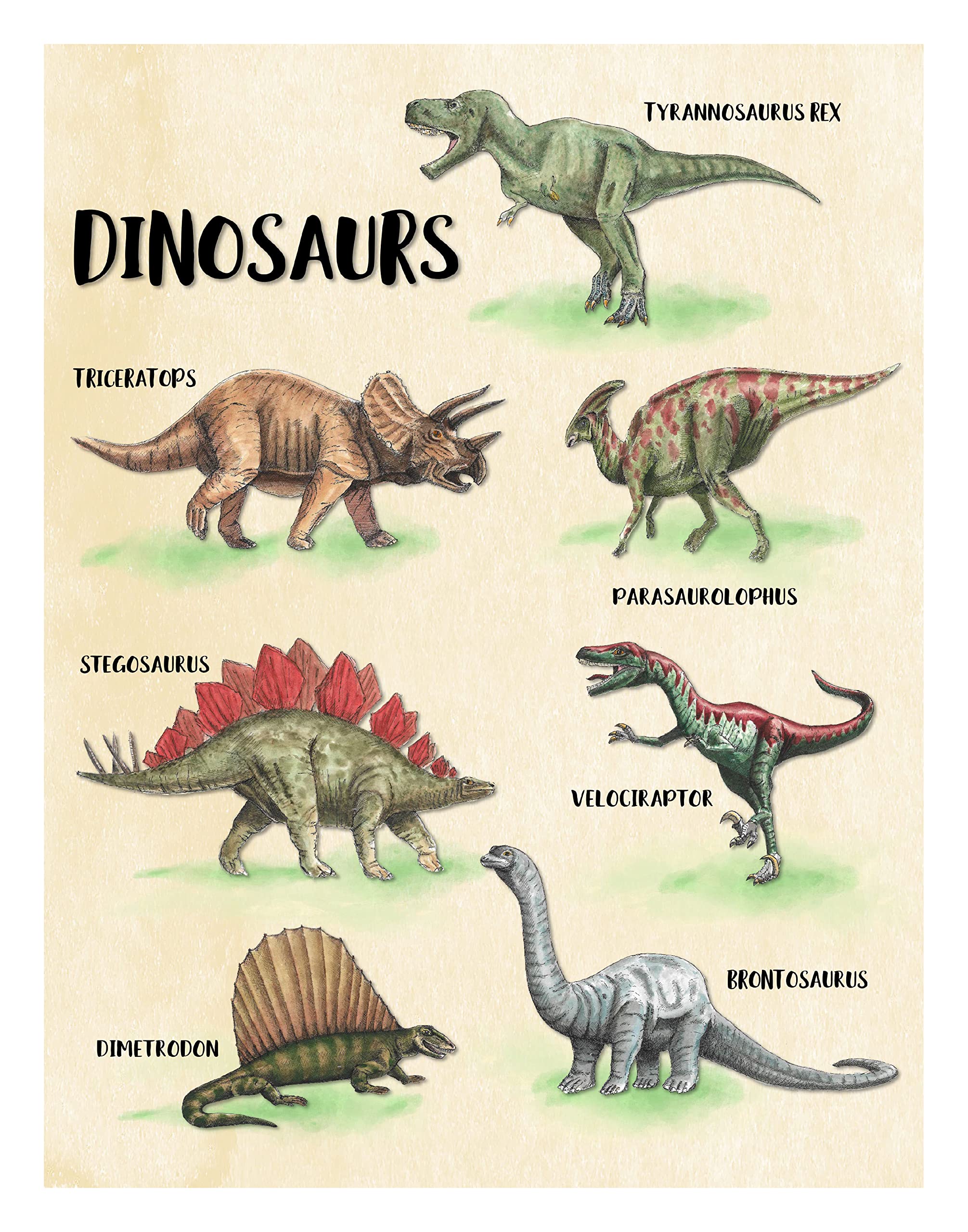 Dinosaur Wall Art Print - 11x14 Inches Unframed Canvas Poster - Kids Room Decor, Nursery, Bedroom & Playroom Wall Decoration