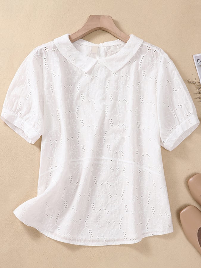 Lovevop Women's Cotton Peter Pan Collar Hollow Embroidered Sleeves Casual Blouse - Perfect for Office Wear, Dating & Spring Outfits