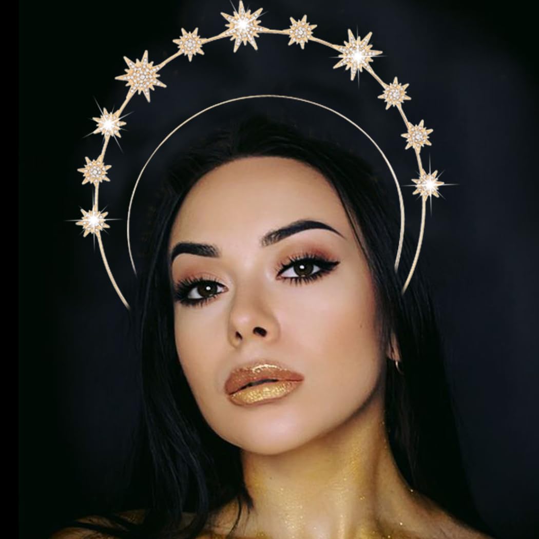 Zoestar Gold Rhinestone Star Halo Crown Headband - Sparkly Crystal Wedding Tiara & Goddess Headdress for Women - Perfect for Bridal, Cosplay, Prom, Pageant & Festival Costume Accessories (1 Piece, Gold)