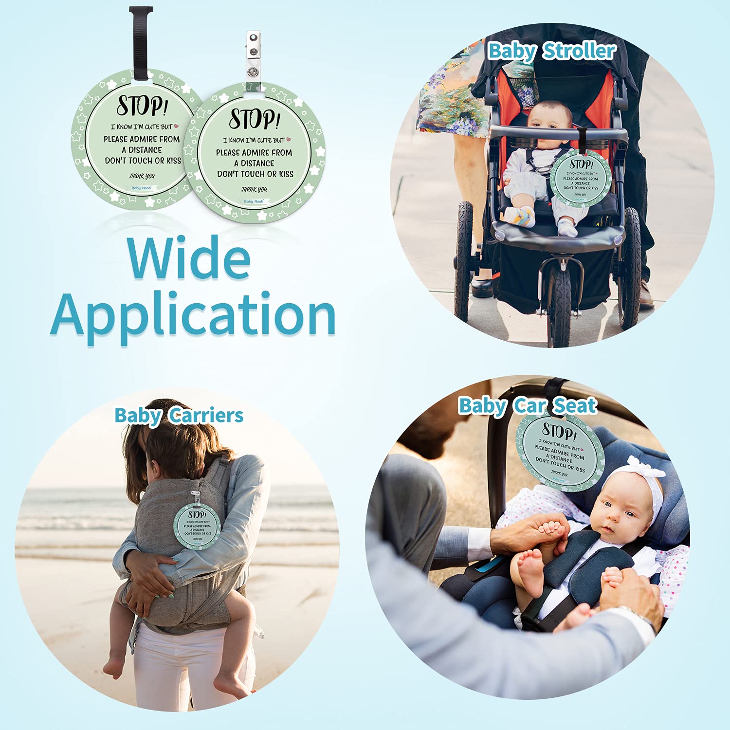 No Touch Baby Car Seat Sign - Safety Stroller Tag with Straps & Clip - for Newborns & Preemies