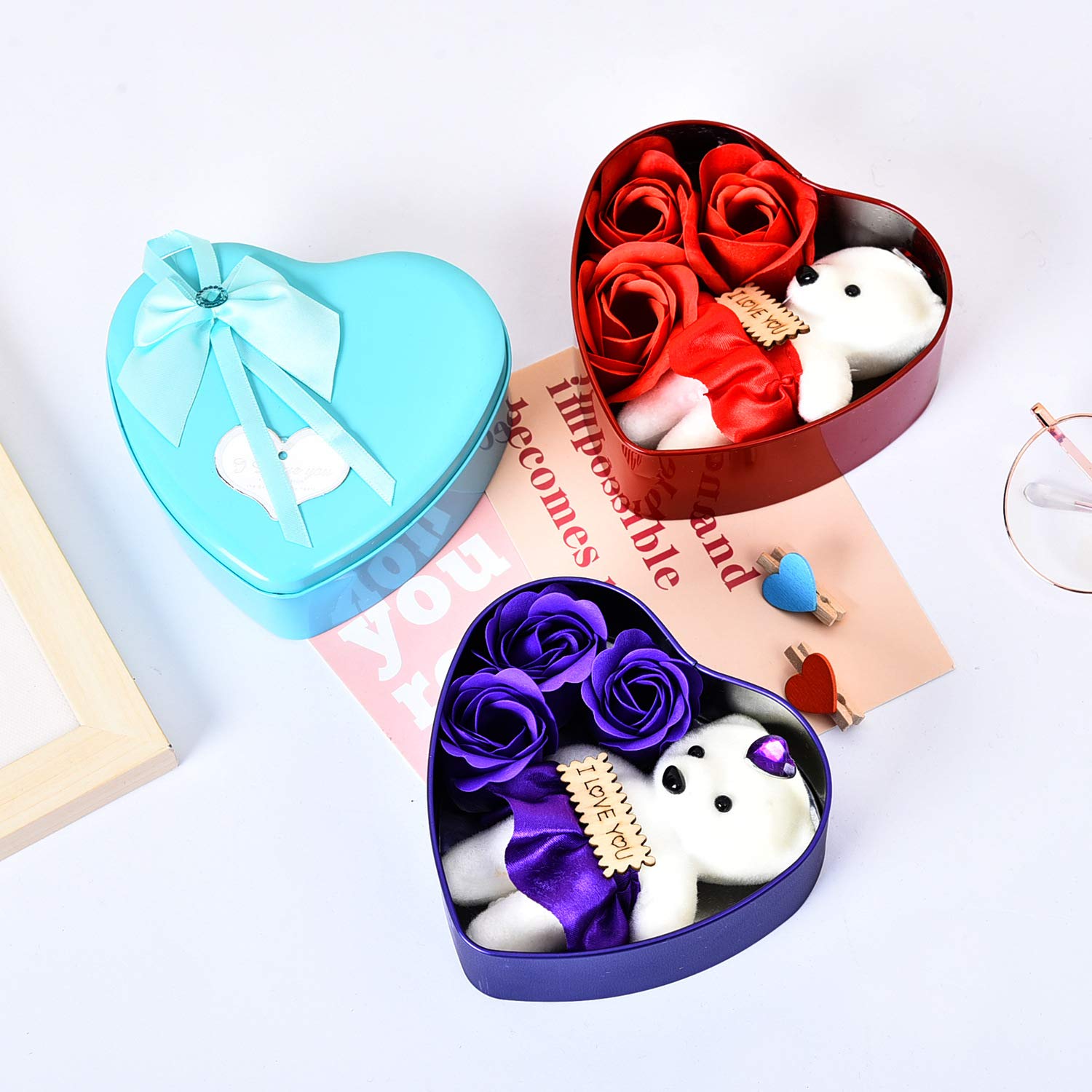 MAKE A WISH® Valentine's Day Gift Set - Heart Shaped Box with 3 Rose Soap Flowers & Teddy Bear Doll (Red) - Perfect Romantic Gift for Anniversary, Birthday & Proposal