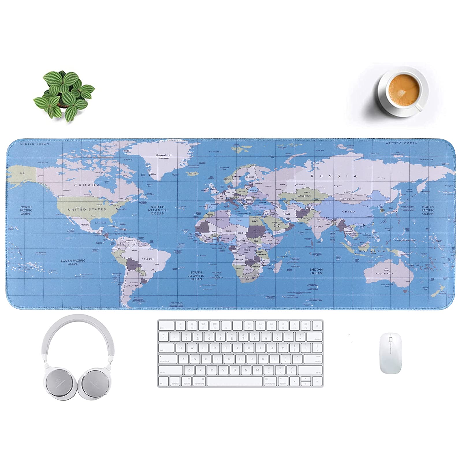 Yunkaiyueming Large Gaming Mouse Pad 31.5x11.8 Inches - Non-Slip Blue World Map Design Desk Mat for Wireless Mouse, Keyboard & Office Work - Perfect for PC Gaming, Home Office & Workspace Setup