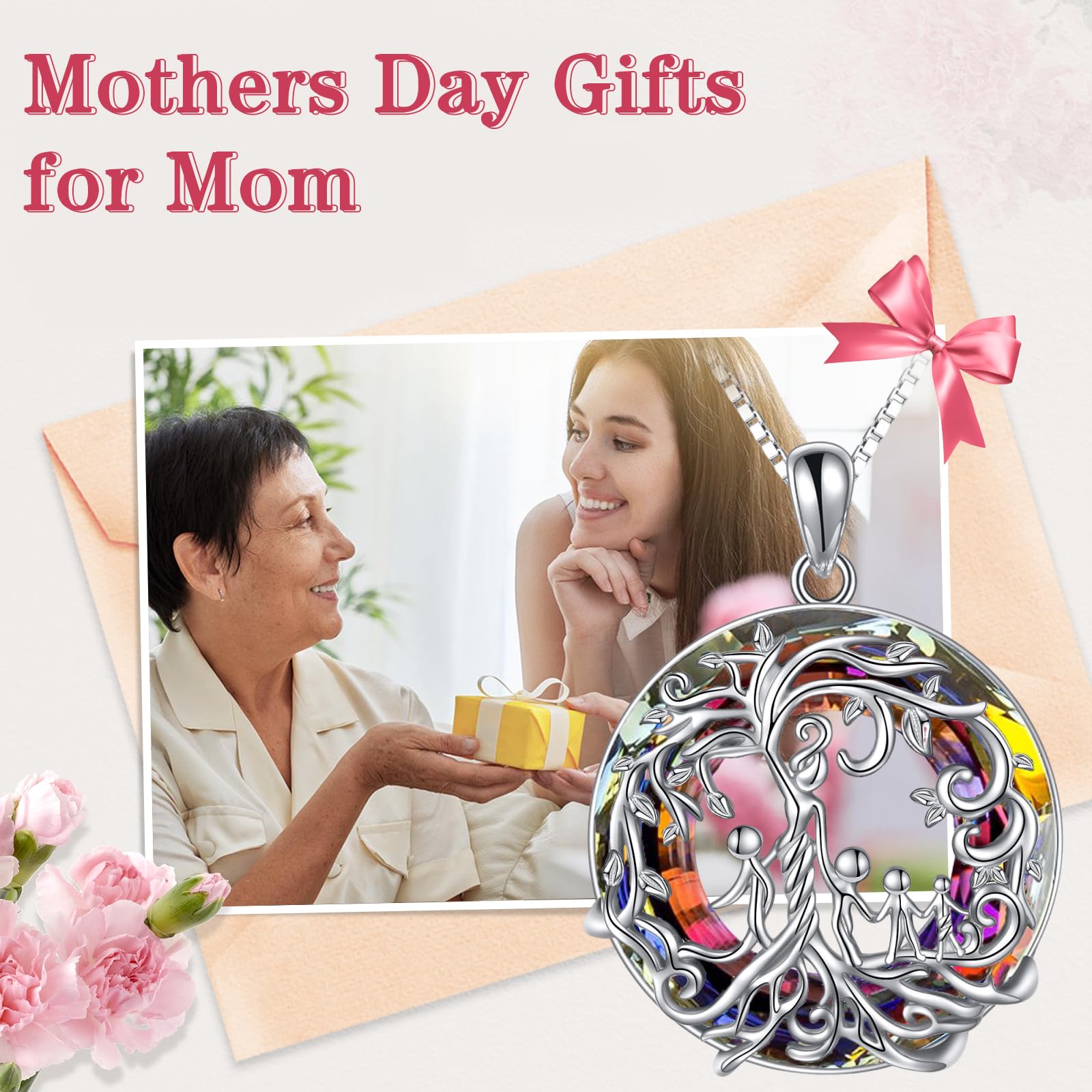 TOUPOP Sterling Silver Family Tree Necklace for Mom, Daughter, Son - 925 Silver Crystal Jewelry Gift for Mother's Day, Birthday, Grandma | Perfect for Family Reunions, Special Occasions & Heartfelt Moments