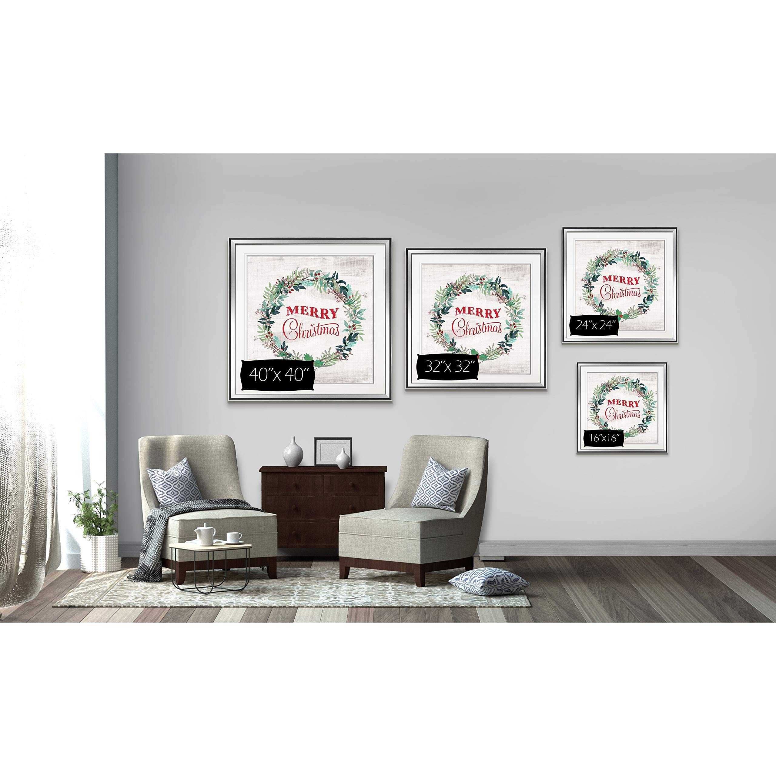 Wexford Home Merry Christmas Wreath - Custom Framed Holiday Wall Art Print in Blue, White, Grey, Yellow, Green, Silver & Gold - 38x38 Inch Christmas Decor for Living Room, Front Door & Holiday Party Decoration
