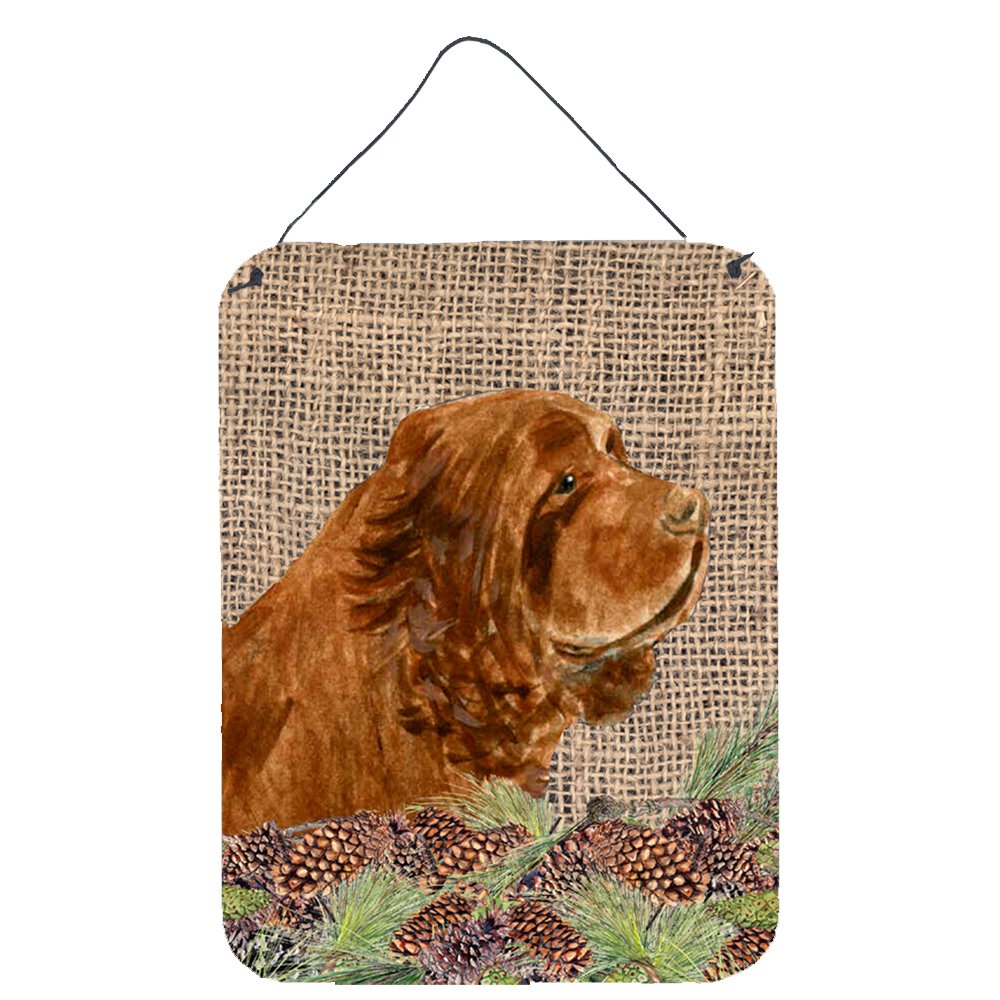 Sussex Spaniel Dog Wall Art - 12x16 Aluminum Metal Sign with Faux Burlap & Pine Cones Design for Kitchen, Bathroom, Bar Decor | Rustic Front Door Hanging Plaque | Perfect for Pet Lovers & Country Home Decor