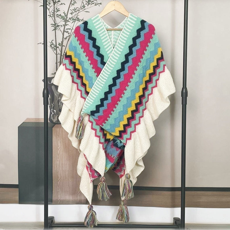 Stylish Long Wool Knitted Cape - Ethnic Inspired Winter Shawl Wrap for Women | Perfect for Outdoor Events, Parties & Cold Weather Fashion