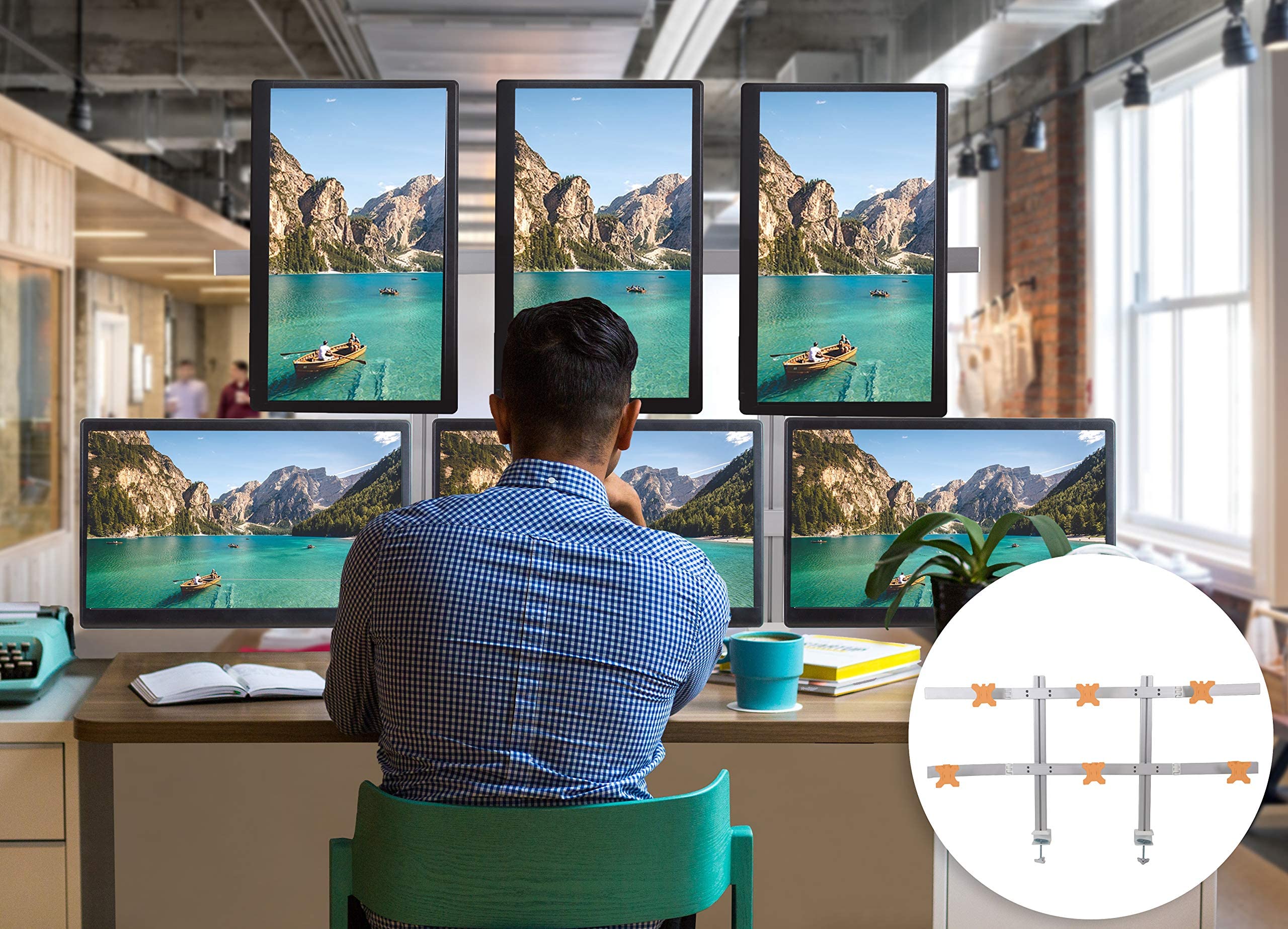 Heavy-Duty 6 Monitor Stand with Adjustable Height & Swivel Arm - VESA Mount for 6 LCD/LED Screens 17-32 inches, Clamp-On Base (Silver) - Perfect for Gaming Setup, Office Workstation & Multi-Tasking Professionals