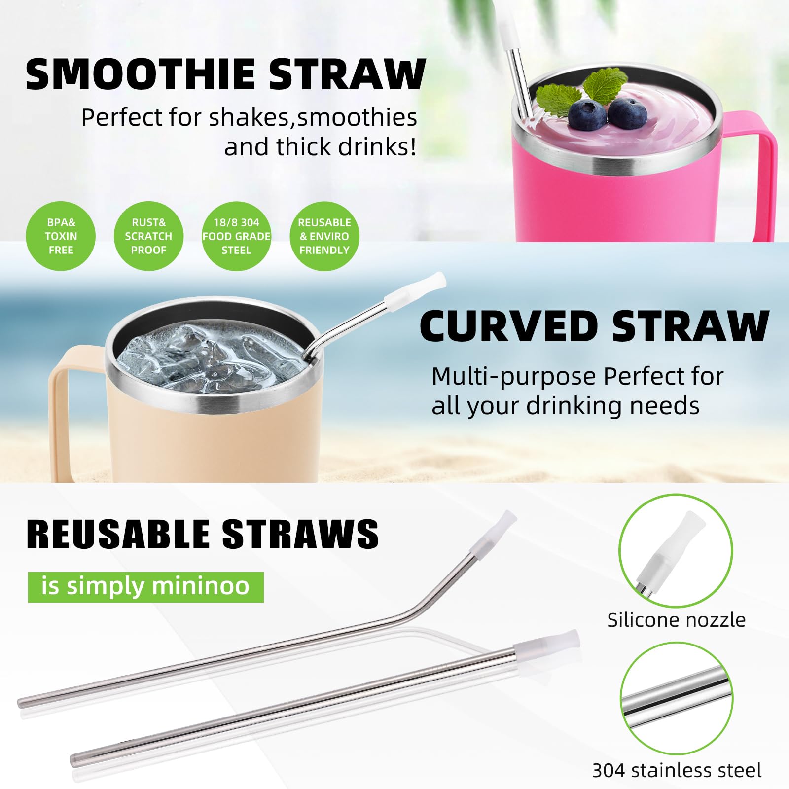 Mininoo 24oz Insulated Stainless Steel Tumbler with Handle - Leakproof Travel Coffee Mug with Lid & Straws - Hot Pink - Perfect for Office, Gym, Hiking & Road Trips