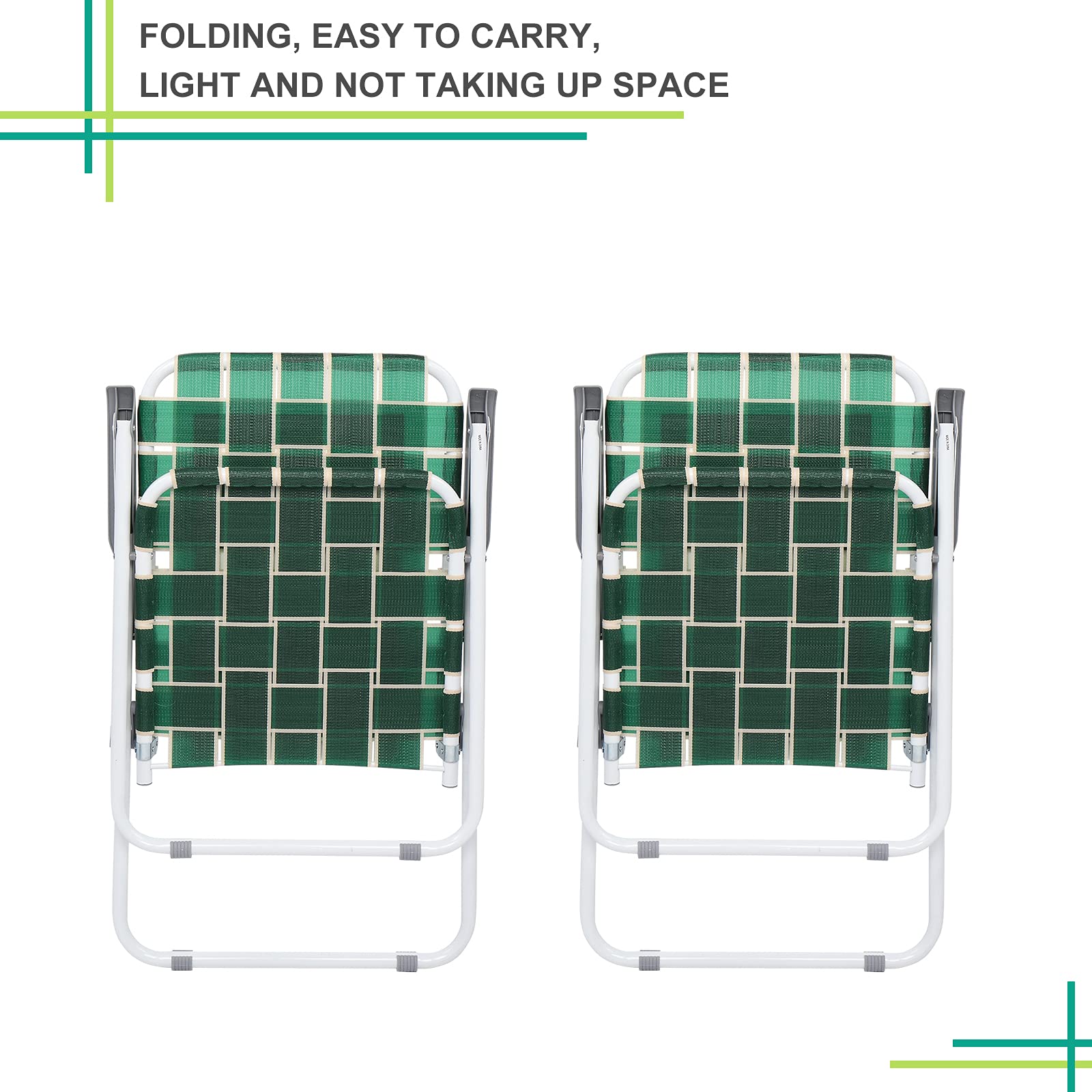 2-Pack Lightweight Folding Beach Chairs - 265lbs Capacity Steel Frame Portable Outdoor Chairs for Patio, Lawn, Pool, Camping & Beach (Dark Green) - Perfect for Backyard Relaxation, Picnics & Summer Travel