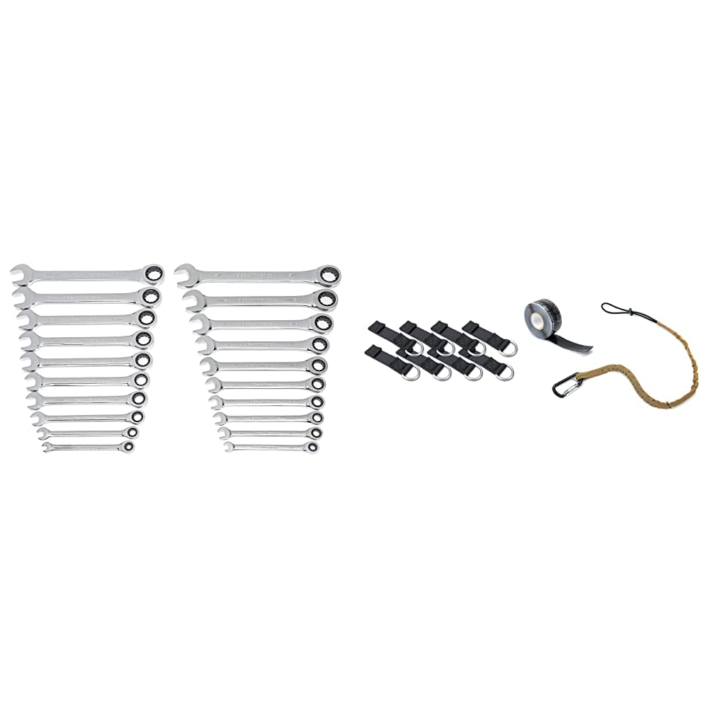 GEARWRENCH 20-Piece SAE/Metric Ratcheting Combination Wrench Set with 10-Piece Tethering Safety Kit - Professional Automotive & Industrial Tool Set for Mechanics, DIY Repairs and Construction Work
