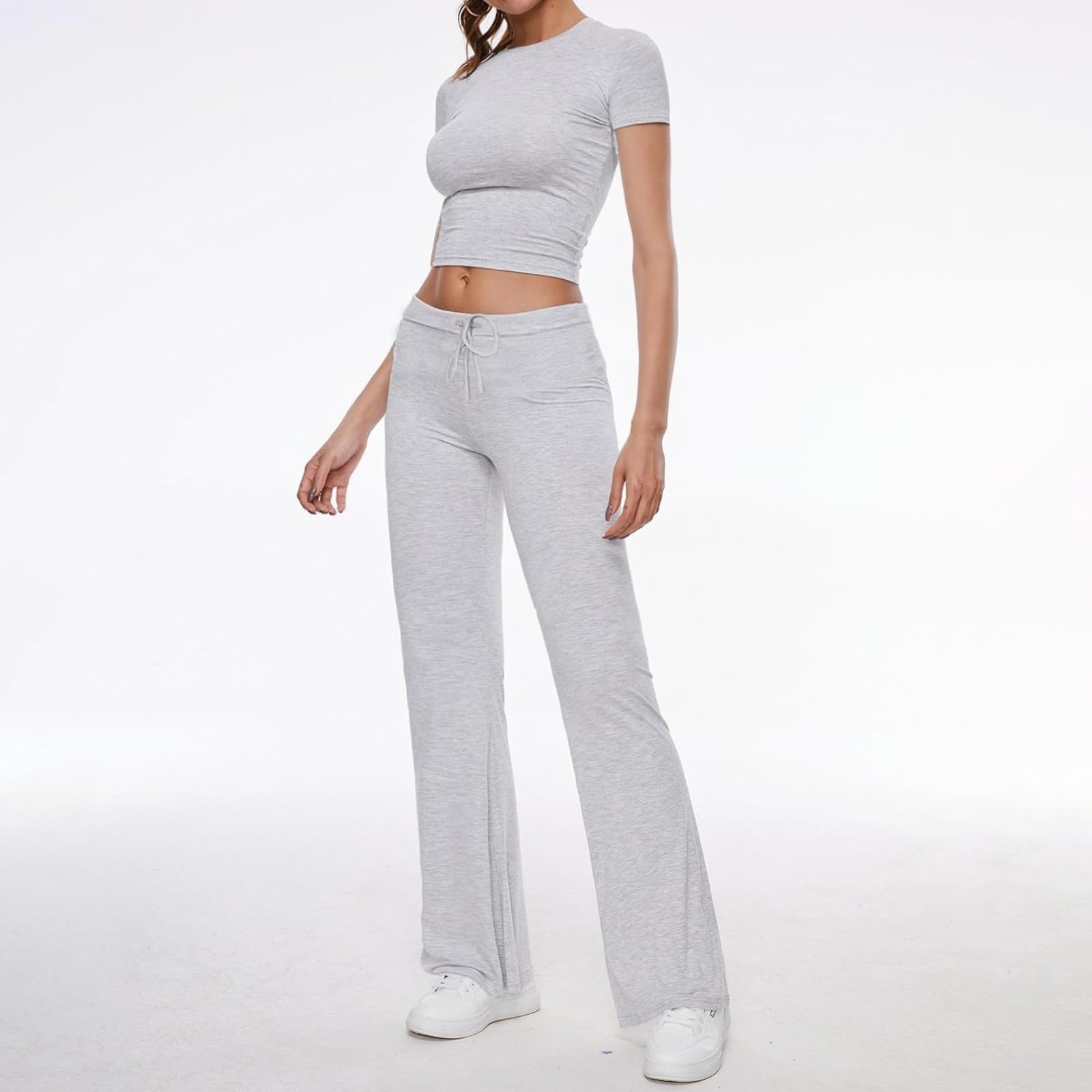 Women's 2 Piece Lounge Set - Ruched Short Sleeve Tops & High Waisted Wide Leg Pants Tracksuit Outfit | Comfortable Loungewear for Home, Yoga & Casual Wear