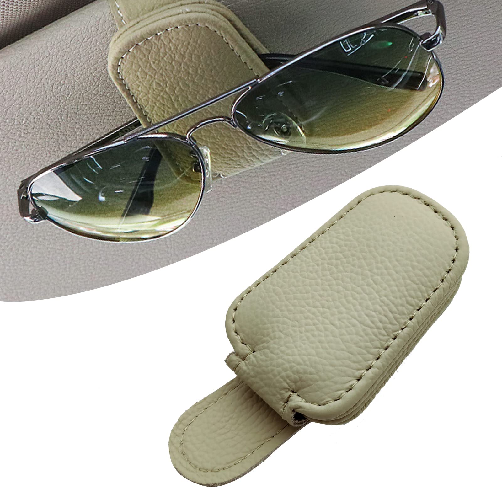 Magnetic Leather Sunglasses Holder for Car Sun Visor - Eyeglass Hanger Clip & Organizer - Beige Car Interior Accessories - Perfect for Road Trips & Daily Commute