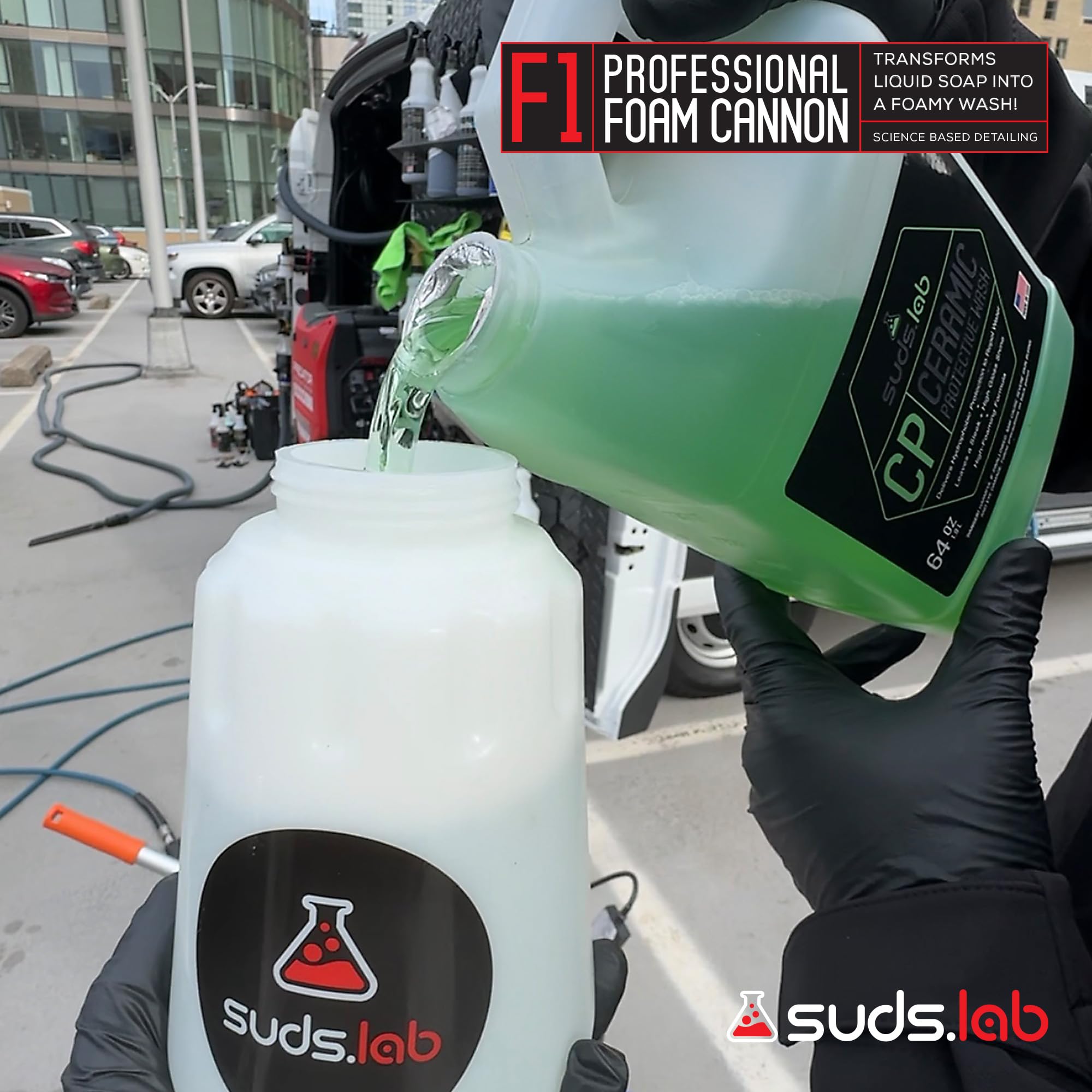 Suds Lab F1 Professional Foam Cannon for Pressure Washer - 32oz Detergent Canister, Adjustable Foam Nozzle, Quick Connect - Perfect for Car Washing, Driveway Cleaning & Outdoor Surface Detailing