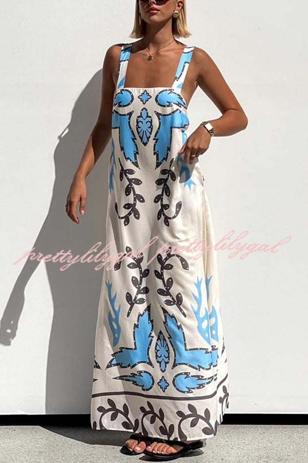 Stylish Square Neck Open Back Lace-Up Flowy Maxi Dress with Unique Print - Perfect for Beach Vacations, Summer Parties & Boho Fashion