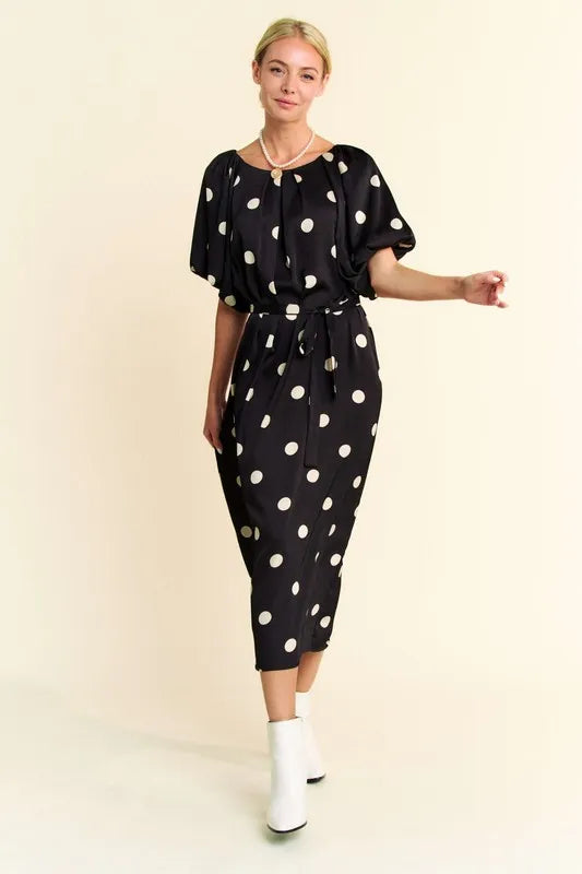 Stylish Polka Dot Puff Sleeve Midi Dress with Waist Tie - Perfect for Summer Parties, Weddings & Casual Outings