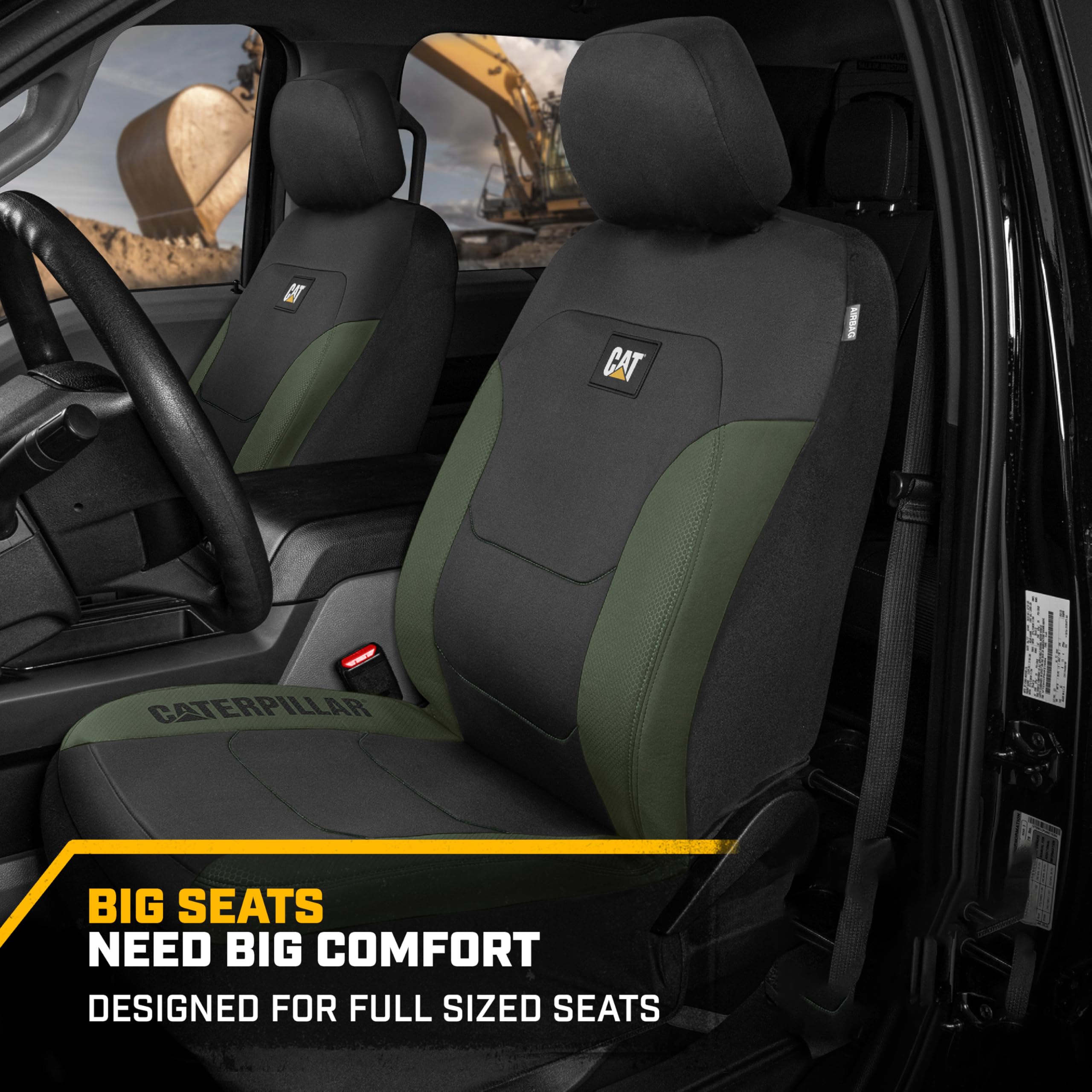 Cat Flexfit Green Black Car Seat Covers for Cars, Trucks & SUVs - 2-Piece Front Seat Protectors with Airbag Compatibility | Durable SUV & Truck Interior Accessories | Perfect for Road Trips, Commuting & Pet Protection