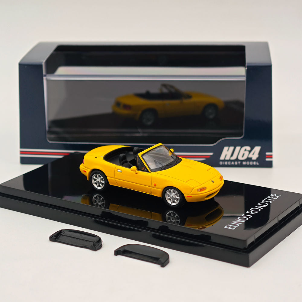 1/64 Scale Mazda Eunos Roadster NA6CE Diecast Model Car with Tonneau Cover - Limited Edition Yellow HJ642025BY - Collectible Hobby Japan Toy for Car Enthusiasts & Gift Ideas - Perfect for Display, Racing Scenes & Diecast Collections