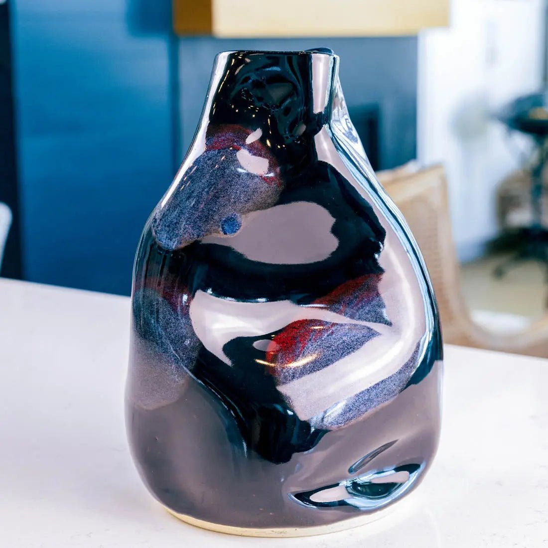 XL Stoneware Decorative Manipulated Pot - Obsidian Glaze with Burgundy & Blue Tones - Creative Collection - Perfect for Home Decor, Table Centerpiece & Gift Giving