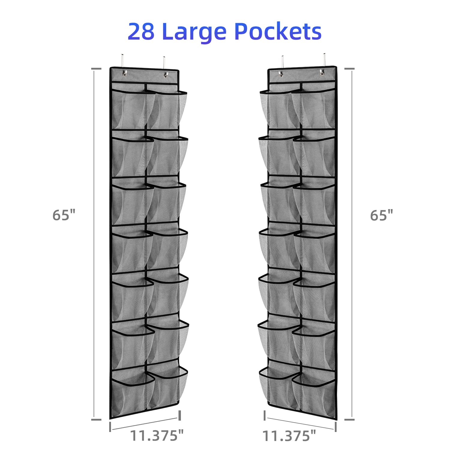KEEPJOY Over The Door Shoe Organizer with 14 Deep Mesh Pockets & 4 Hooks - Space Saving Closet Storage for Shoes, Accessories & More (Grey, 2-Pack) - Perfect for Bedrooms, Closets, Dorms & Small Spaces