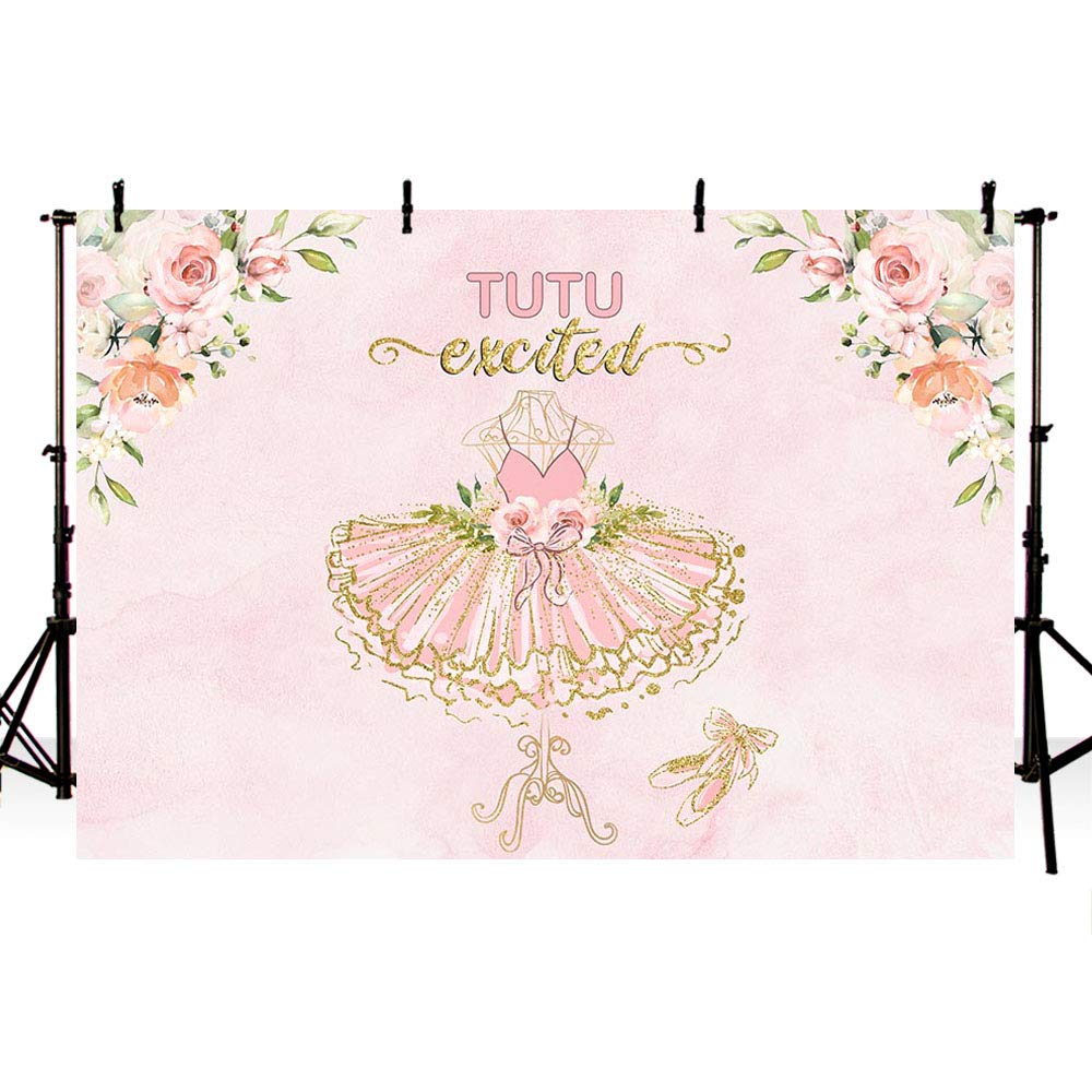 7x5ft Pink Floral Gold Glitter Ballerina Baby Shower Backdrop - Tutu Girl Birthday Party Photography Background, Cake Table Decor & Photo Booth Banner for Newborn Celebrations, 1st Birthday & Gender Reveal Parties