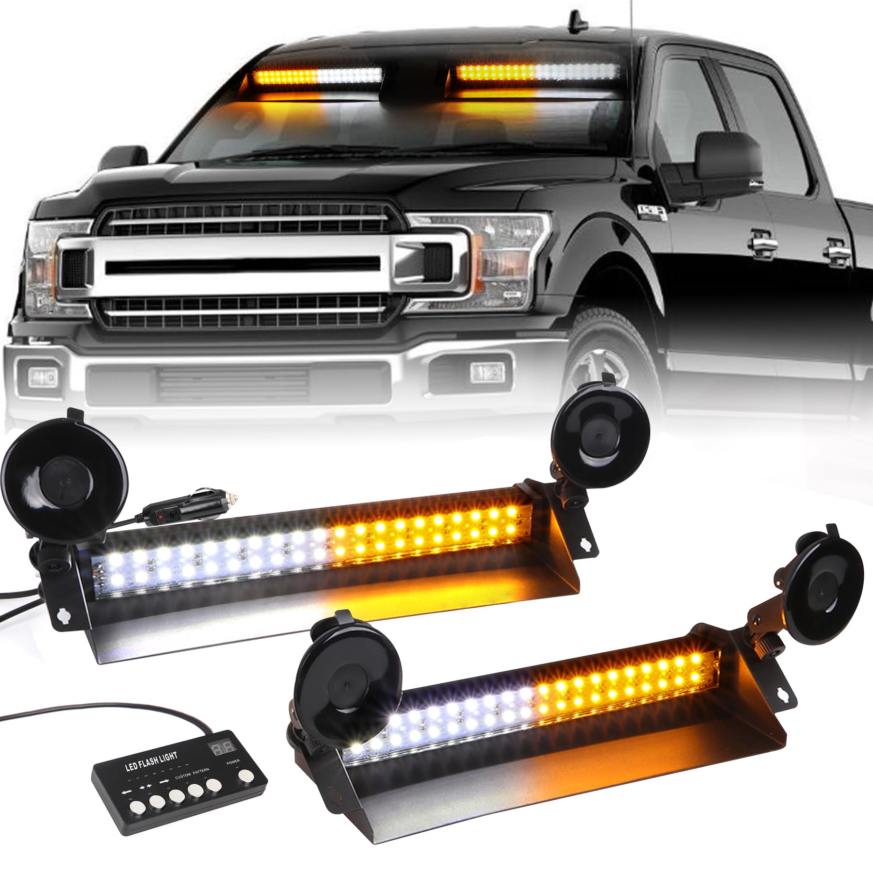 80 LED Emergency Dash Strobe Light Bar for Trucks - 2x14 Inch Amber/White Hazard Warning Lights - Interior Windshield Visor Flashing Safety Lights for Construction Vehicles & Emergency Scenes - Perfect for Roadside Assistance, Traffic Control, and Nighttime Visibility