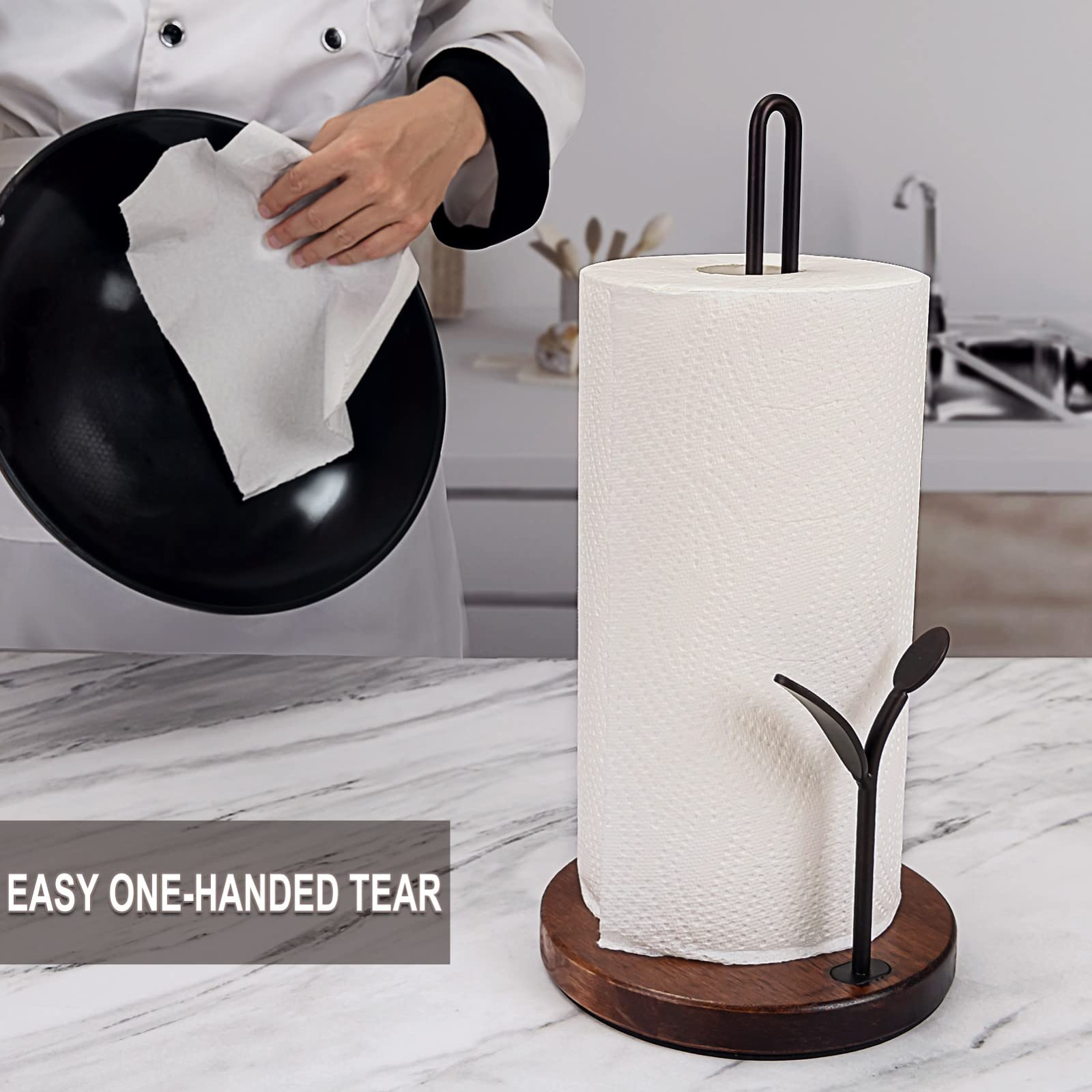 Rustic Wood Paper Towel Holder Stand for Kitchen Countertop & Dining Table - Easy One-Handed Tear, Home Decor, Fits 11