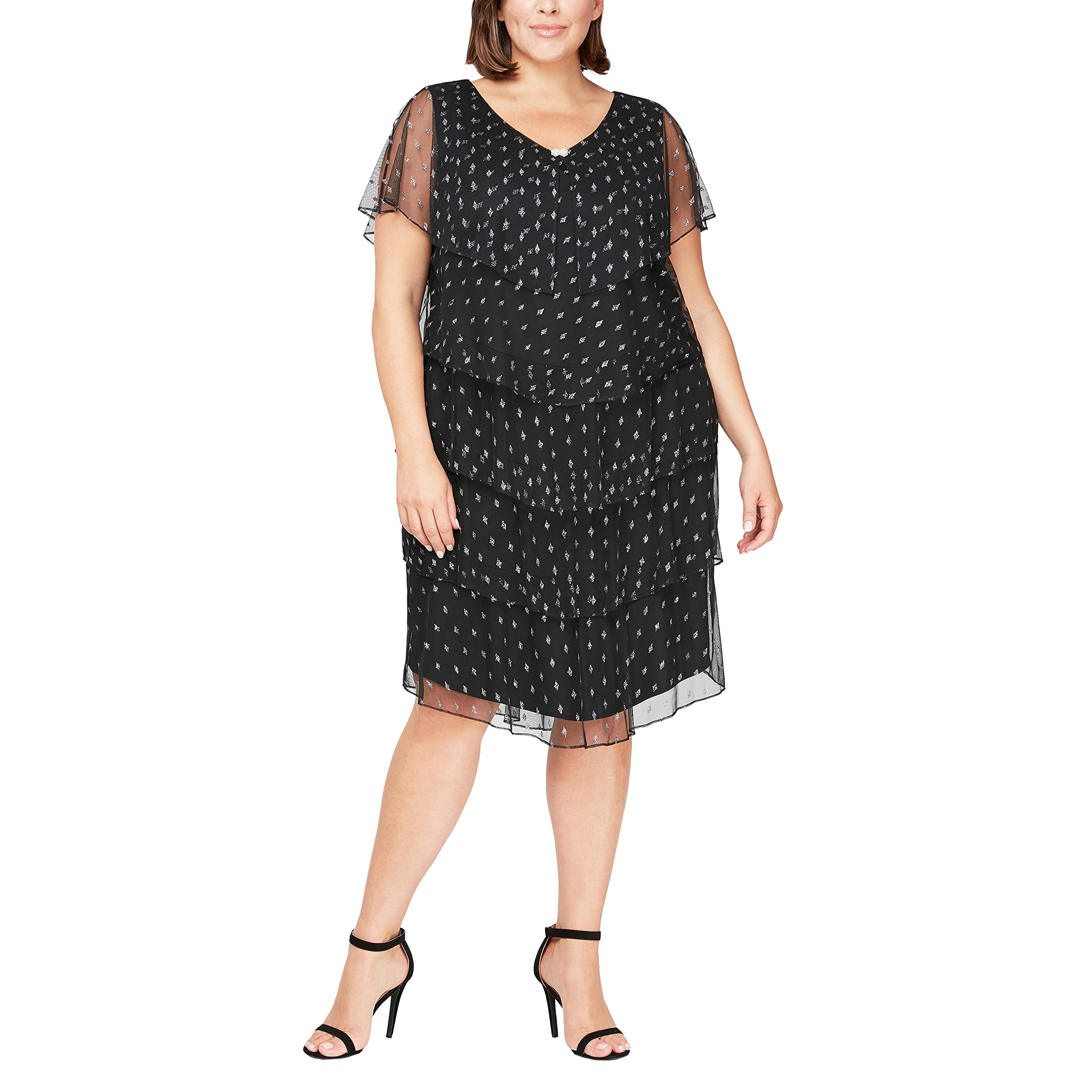 S.L. Fashions Women's Plus Size Metallic Print Tiered Maxi Dress - Elegant Party & Evening Wear for Special Occasions
