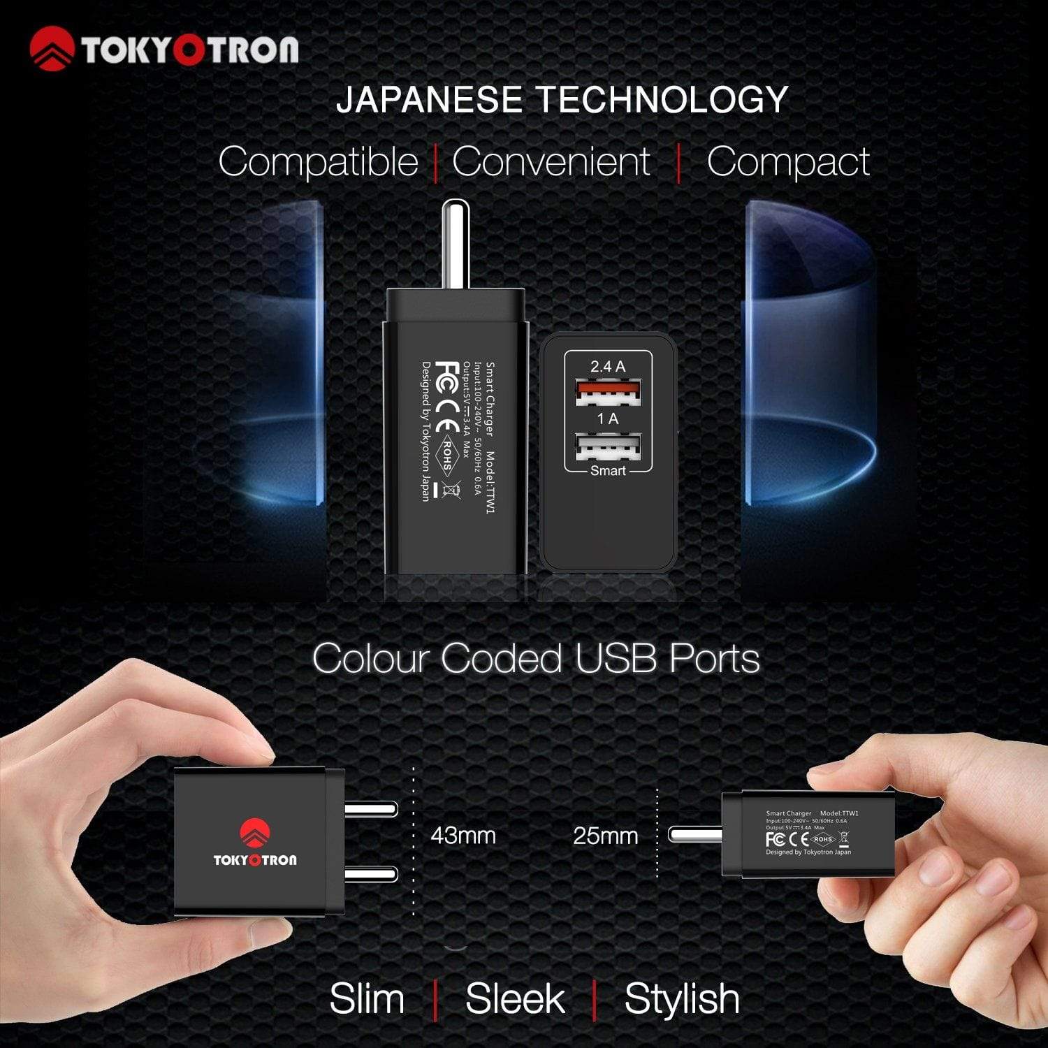 Fast Charging Tokyotron 2-Port USB Wall Charger for iPhone, Samsung & Android Phones - Perfect for Home, Office & Travel Use