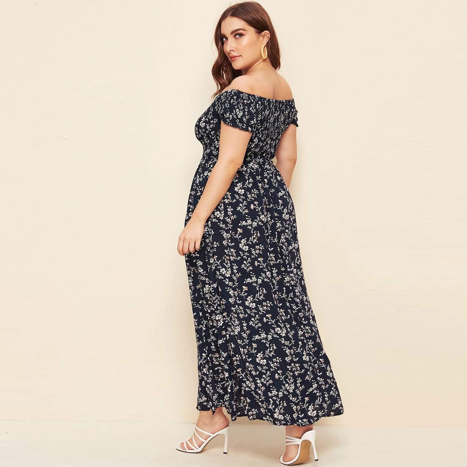 Plus Size Bohemian Floral Print Maxi Dress for Women - Sexy Off Shoulder Sundress with High Slit | Perfect for Beach Vacations, Summer Parties & Boho Chic Outfits
