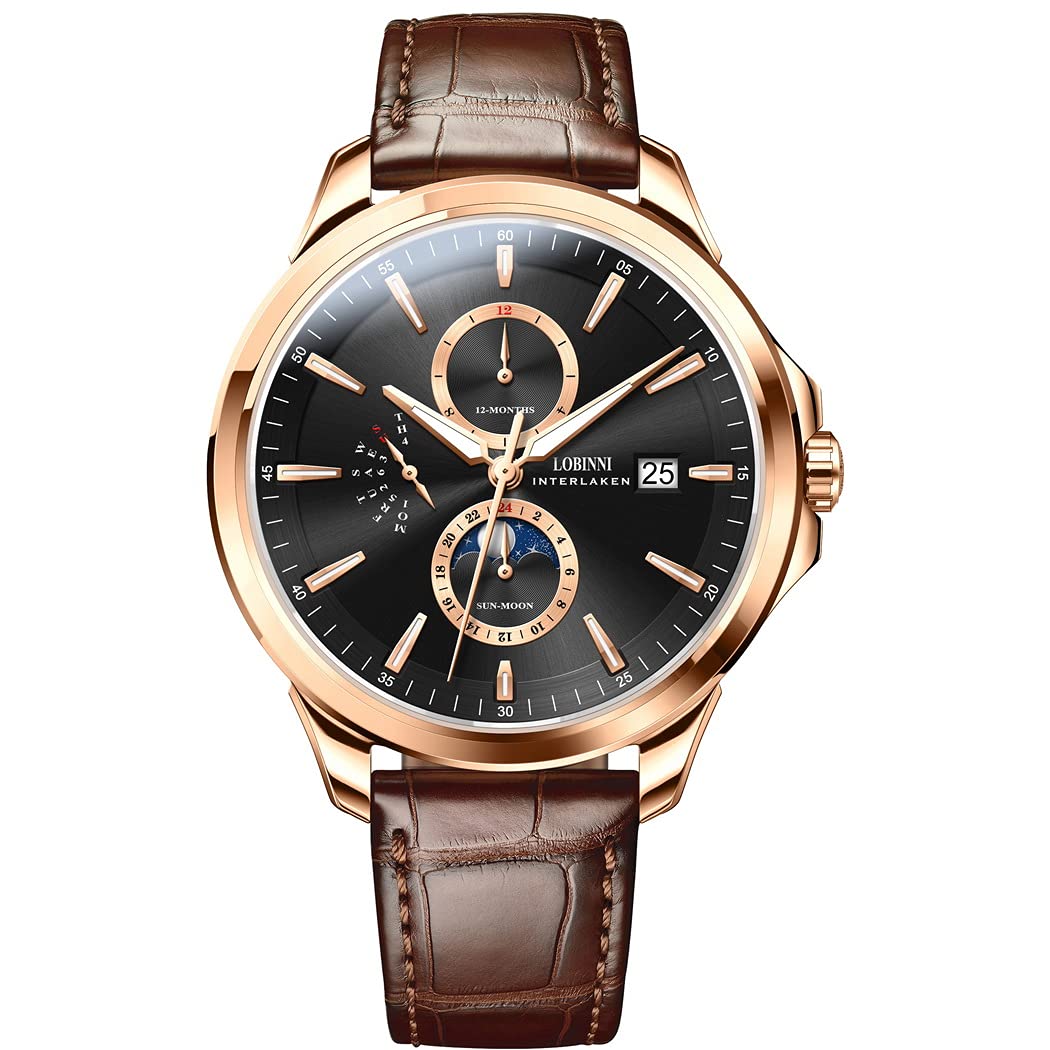 Premium LOBINNI Men's Automatic Luxury Watch - Self-Winding Mechanical Wristwatch with Sapphire Crystal, Genuine Leather Strap, Sun & Moon Phase Indicator, Week/Month/Date/24H Display - Perfect for Business, Formal Events & Gift Giving
