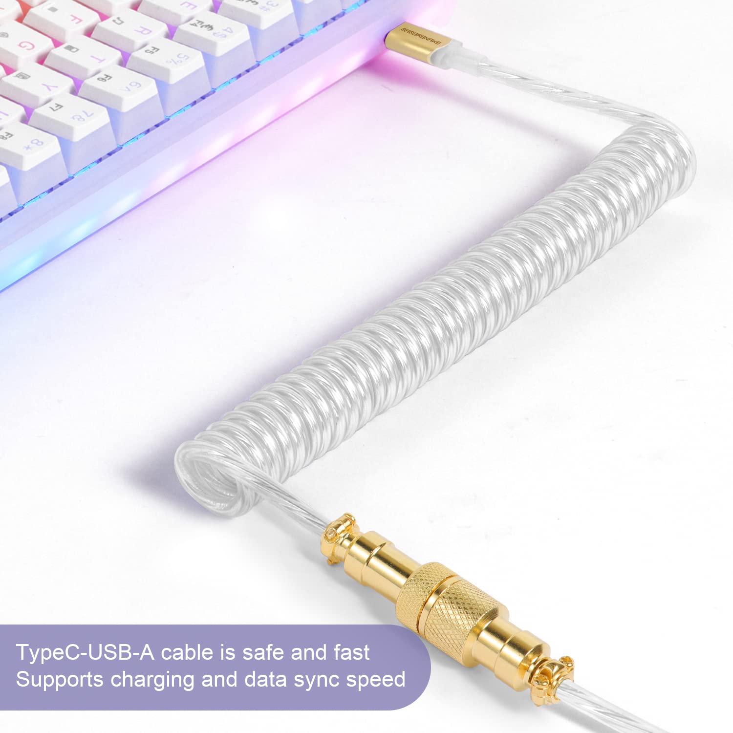 XINMENG C02 Coiled USB-C Keyboard Cable - Detachable Aviator Connector for Gaming Keyboard & Laptop - Clear