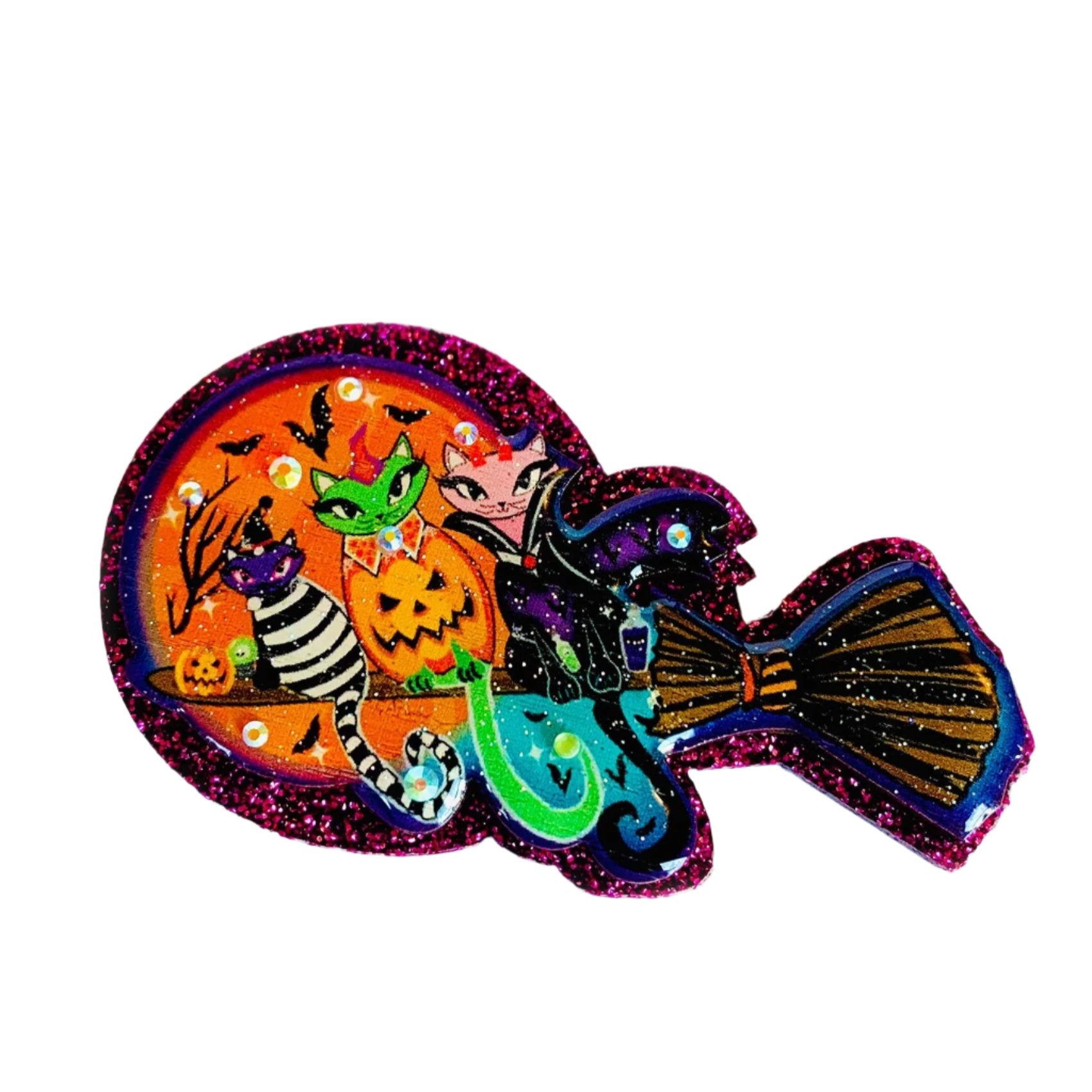 Rosie Rose Parker Cats on a Broomstick Brooch - Vintage Halloween Cat Pin for Witches Costume, Goth Fashion & Book Lover Accessories