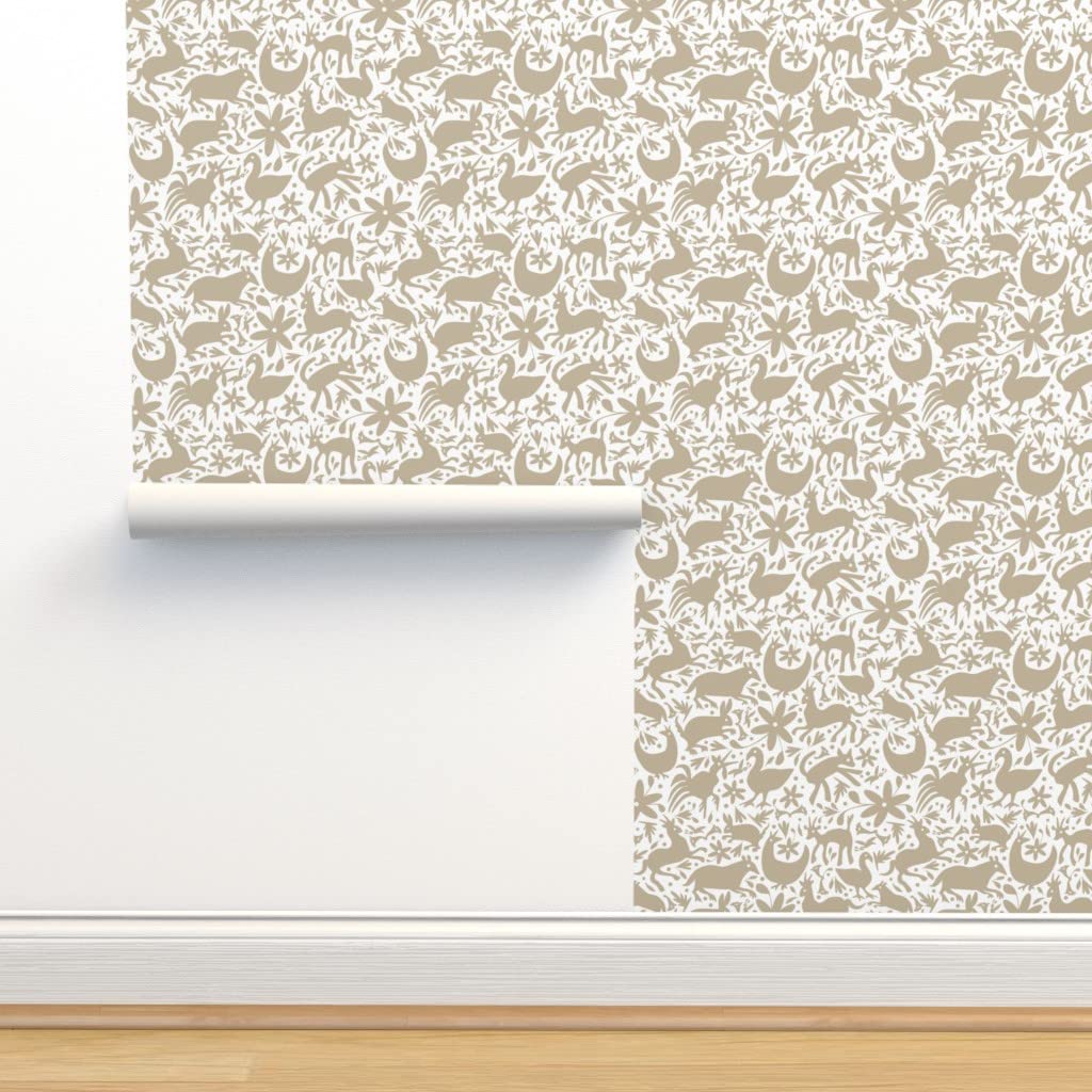 Peel & Stick Wallpaper 9ft x 2ft - Mexico White Otomi Nature Springtime Animals Rooster Custom Removable Wallpaper by Spoonflower | Perfect for Nursery, Bedroom, Home Office & DIY Home Decor | Easy to Install & Remove for Renters