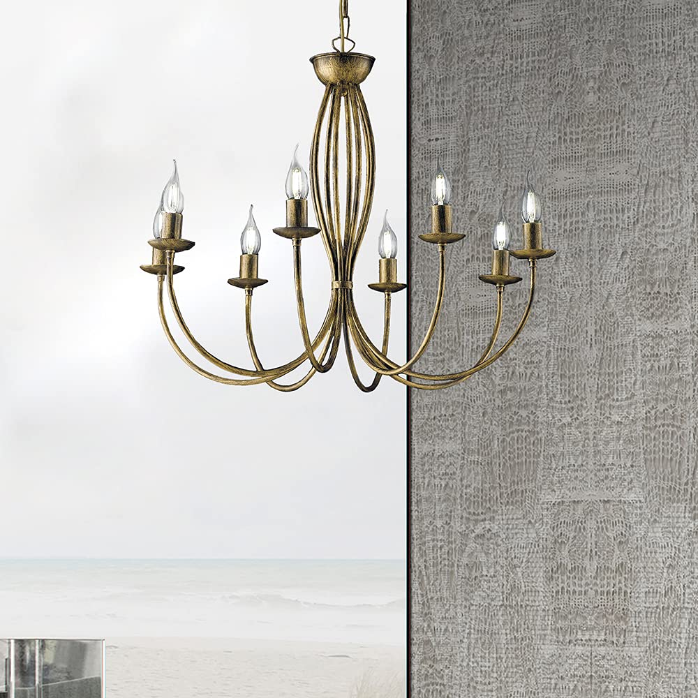 8-Light Wrought Iron Brown & Gold Rustic Ceiling Chandelier - Vintage Bedroom Lighting Fixture for Dining Room, Living Room, and Farmhouse Decor