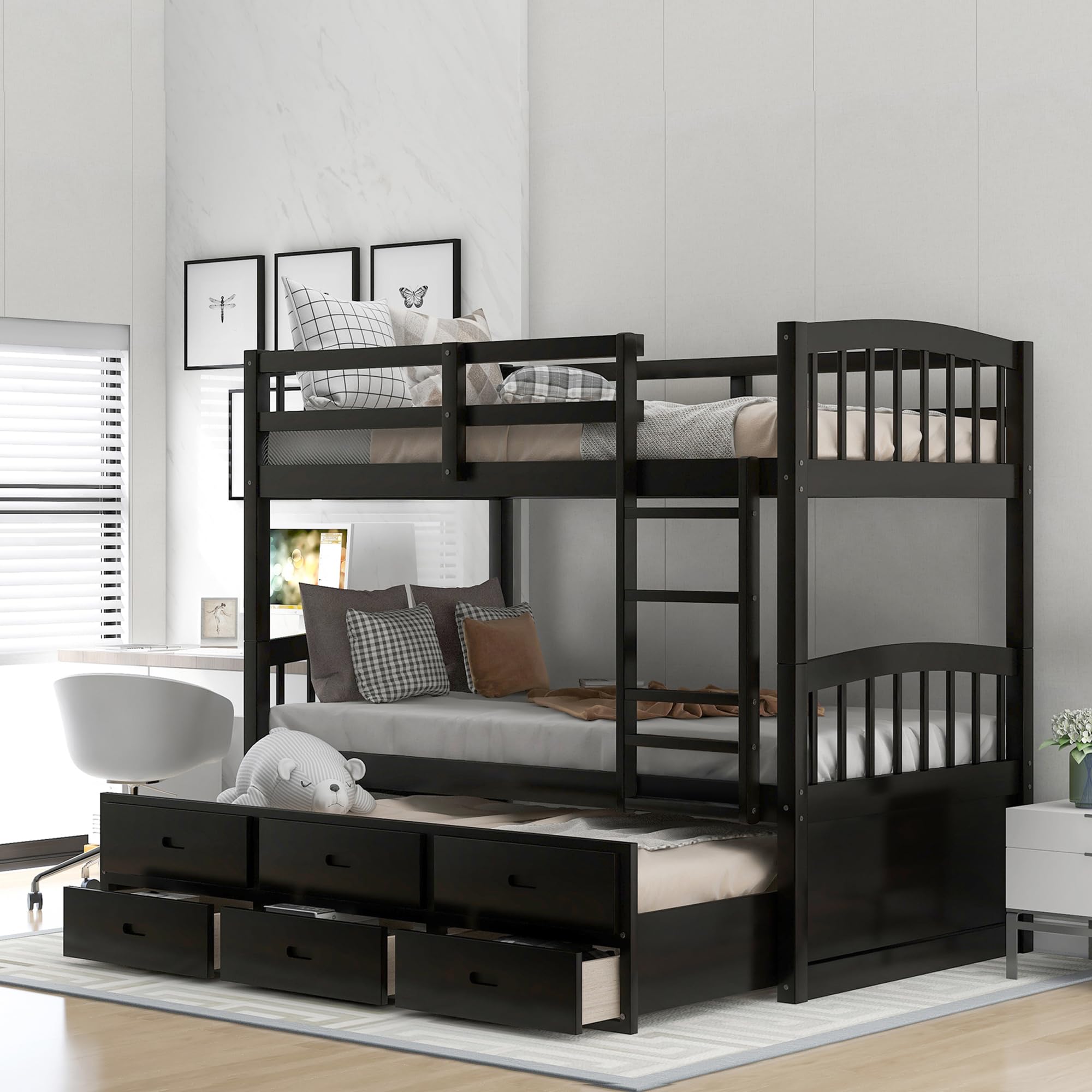 P PURLOVE Twin Over Twin Wood Bunk Bed Frame with Trundle & 3 Drawers - Sturdy Espresso Bunk Beds for Kids, Teens, Boys & Girls - Perfect for Small Bedrooms, Guest Rooms & Vacation Homes