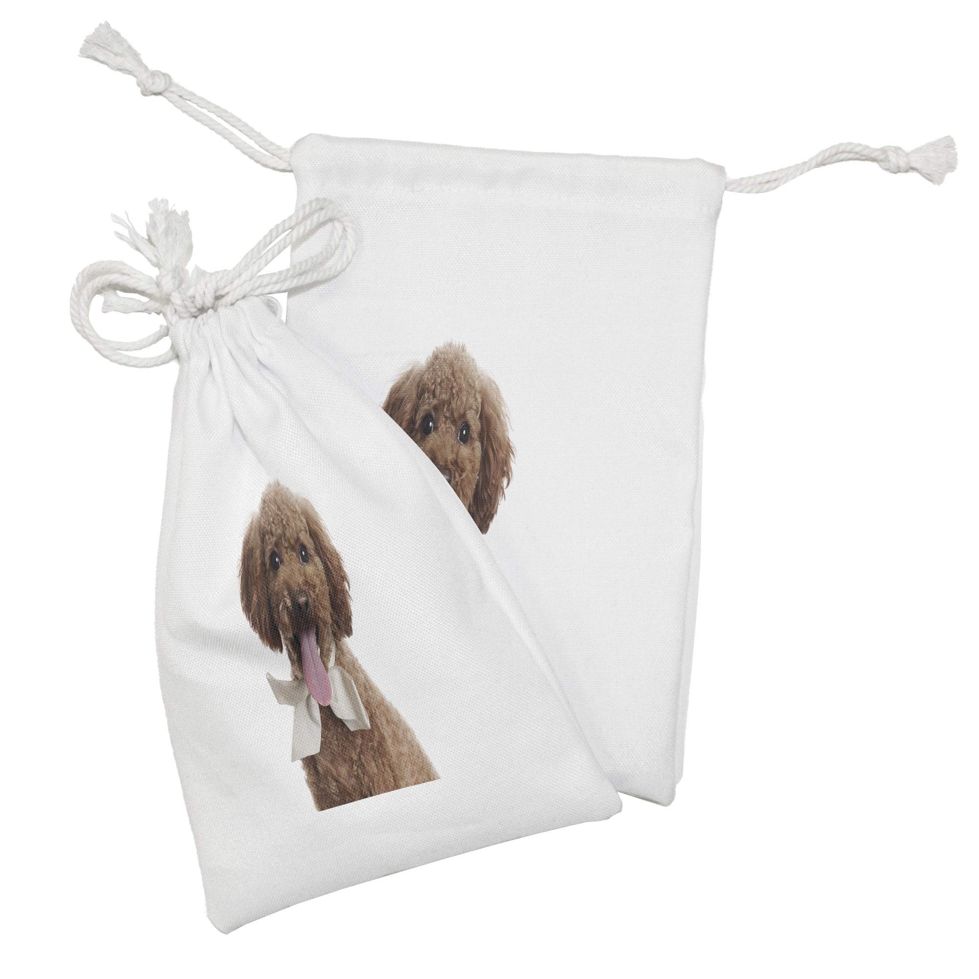 Ambesonne Poodle Fabric Pouch Set of 2 - Small Drawstring Bags for Toiletries, Masks, Jewelry & Party Favors | Cute Puppy Design with Ribbon Bow Tie | 9