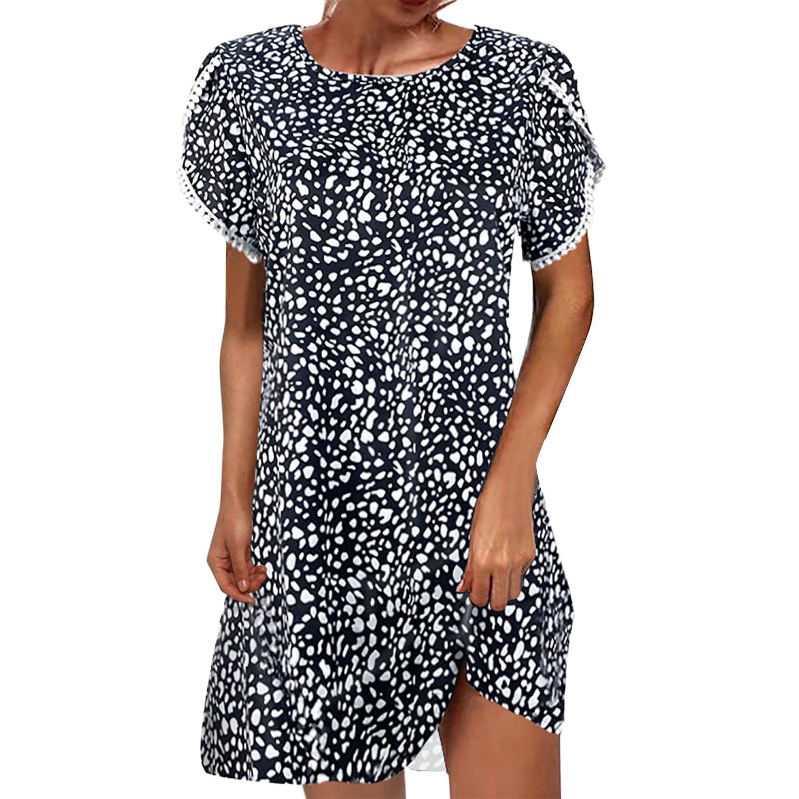 Women's Summer Dresses - Casual Floral Print Round Neck Short Sleeve Lace Trim Dress | Perfect for Beach Vacations, Garden Parties & Summer Outings