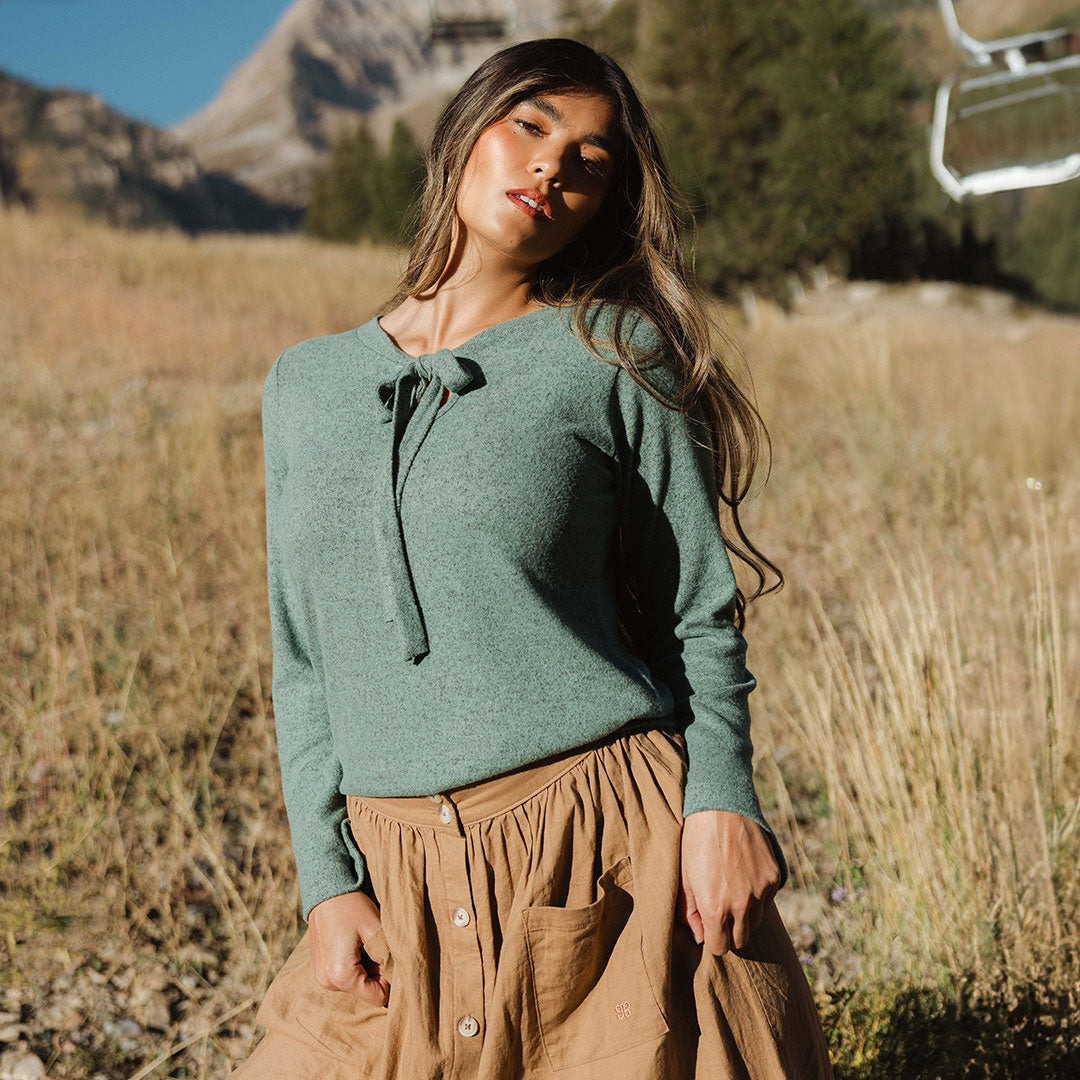 Elegant Bow Tie Sweater for Women - Soft Dusk Green Knit Pullover - Perfect for Office, Dates & Holiday Parties