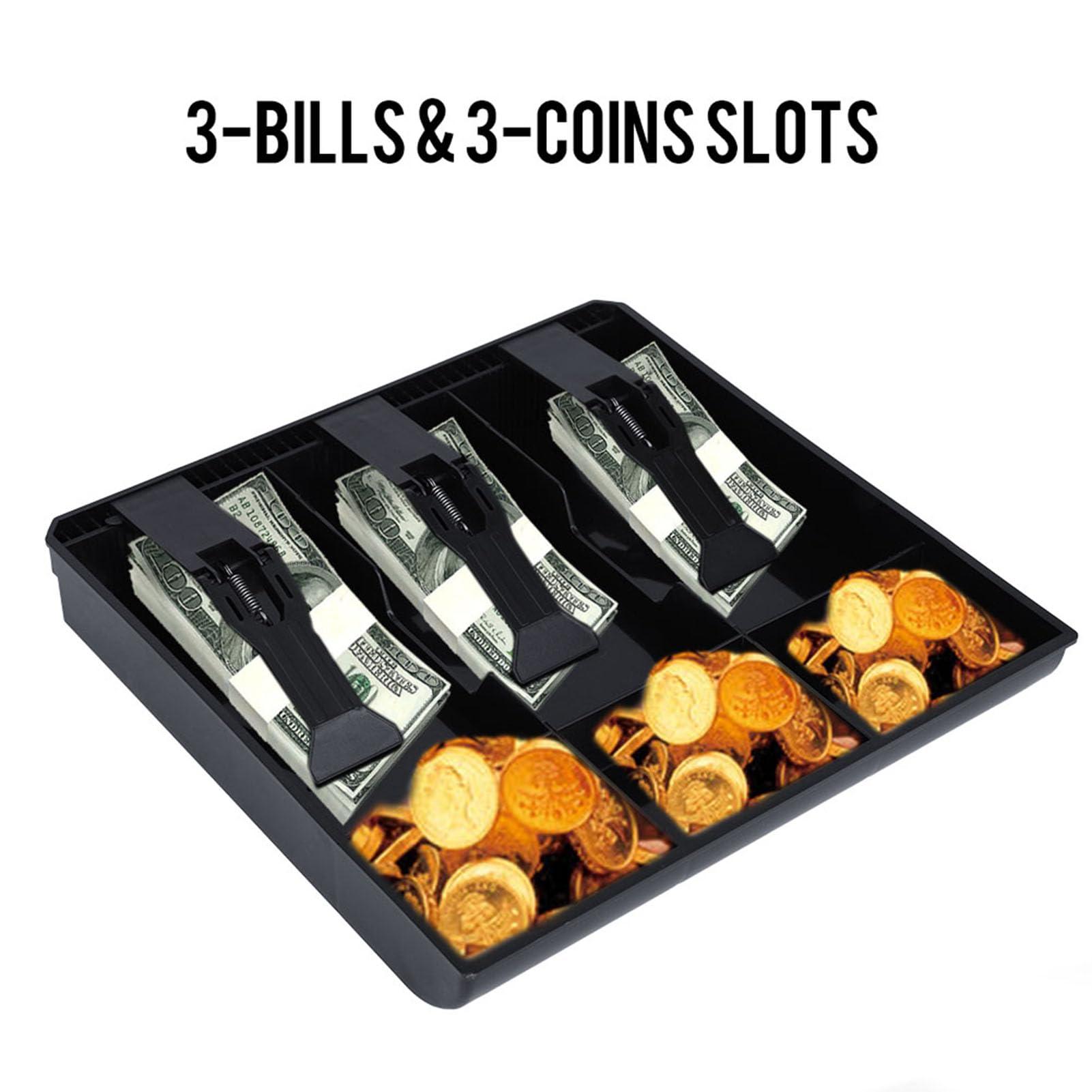 Plastic Cash Drawer Tray with 3 Bill Compartments - Money Storage Box for Cash Register (9.6 x 9.6 x 1.4 Inch, Black) | Perfect for Retail Stores, Restaurants & Small Business Cash Management
