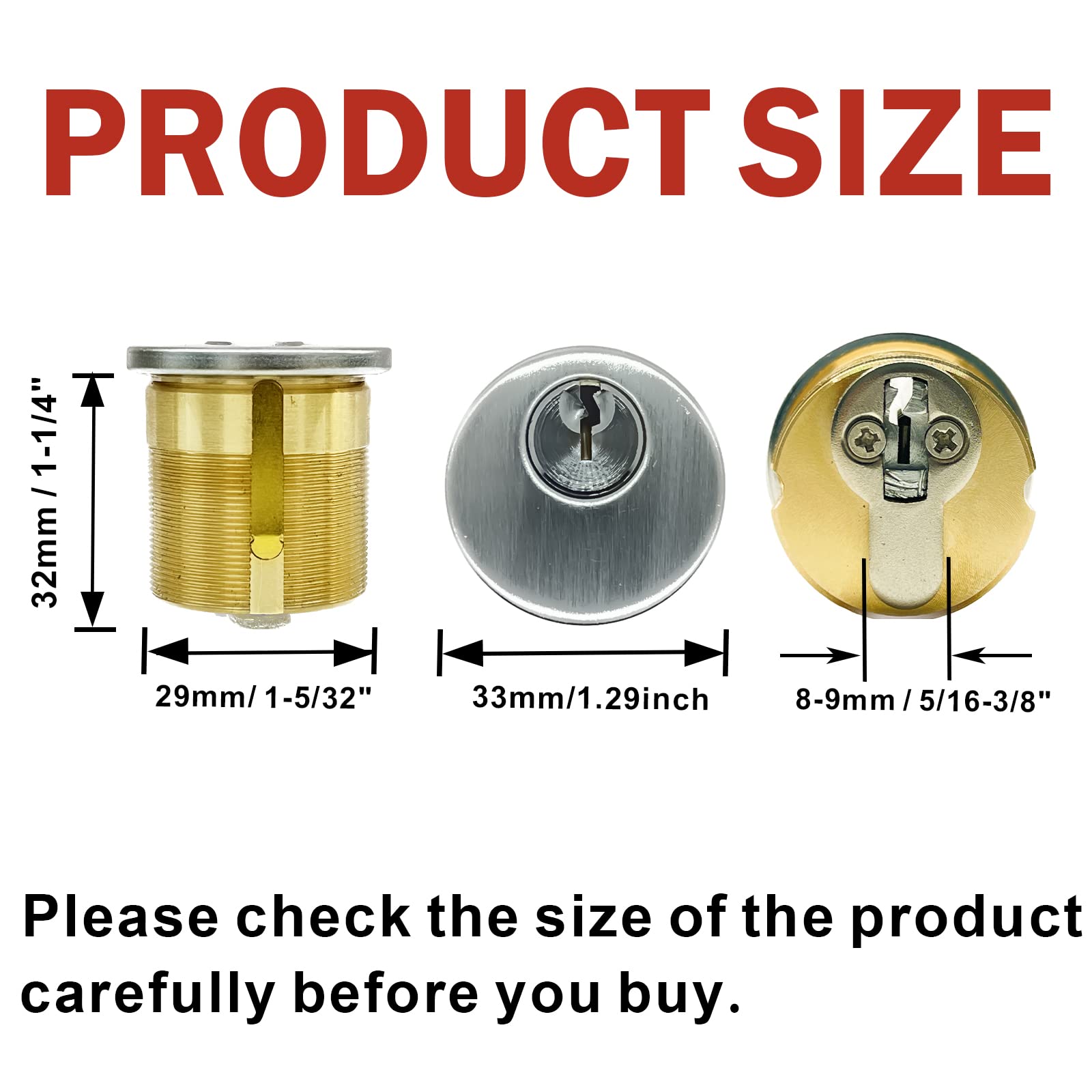 2 Pack Brass Mortise Door Cylinder Lock with 2 Keys - 1-1/4