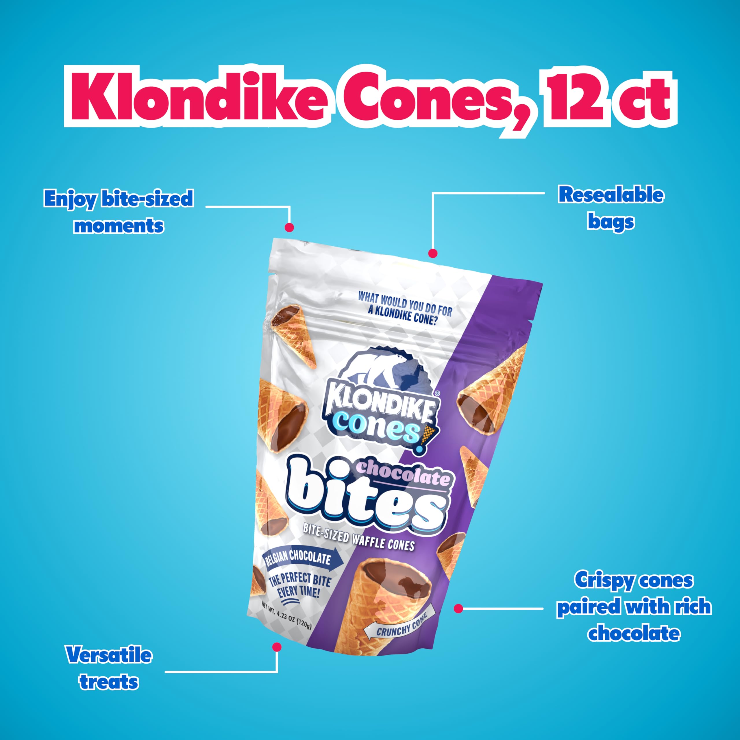 Klondike Cones - Mini Chocolate Filled Waffle Cones Bite-Size Snacks - 12 Count Pack for Ice Cream Toppings, Dessert Parties & Office Break Room Treats