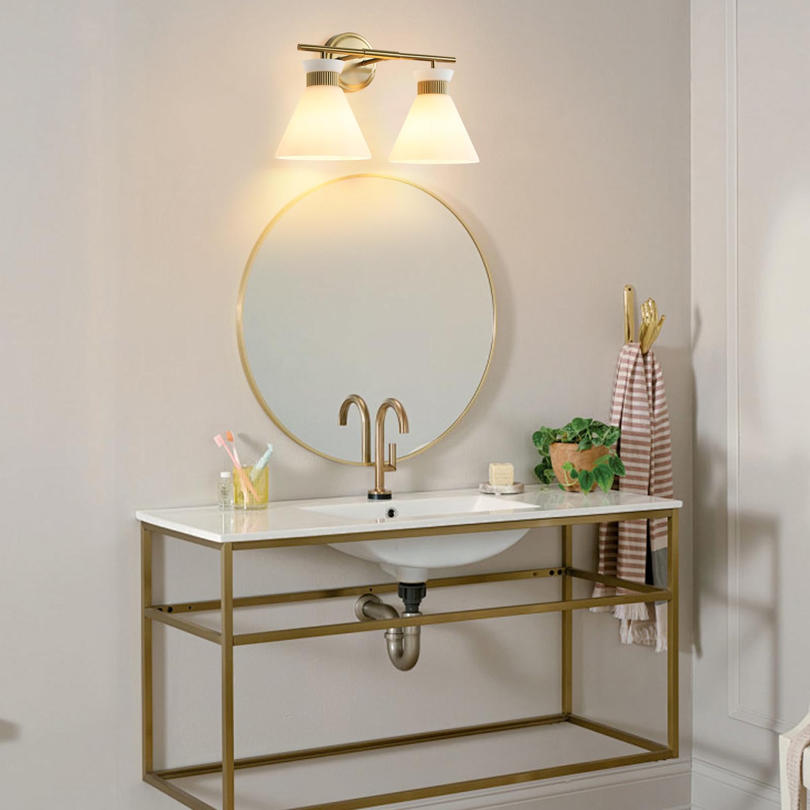 WOSHITU Mid Century Modern Bathroom Vanity Light Fixtures - 2 Light Brass Gold Wall Sconce with Frosted Milky Glass for Mirror Lighting | Perfect for Bathroom, Bedroom & Hallway Décor