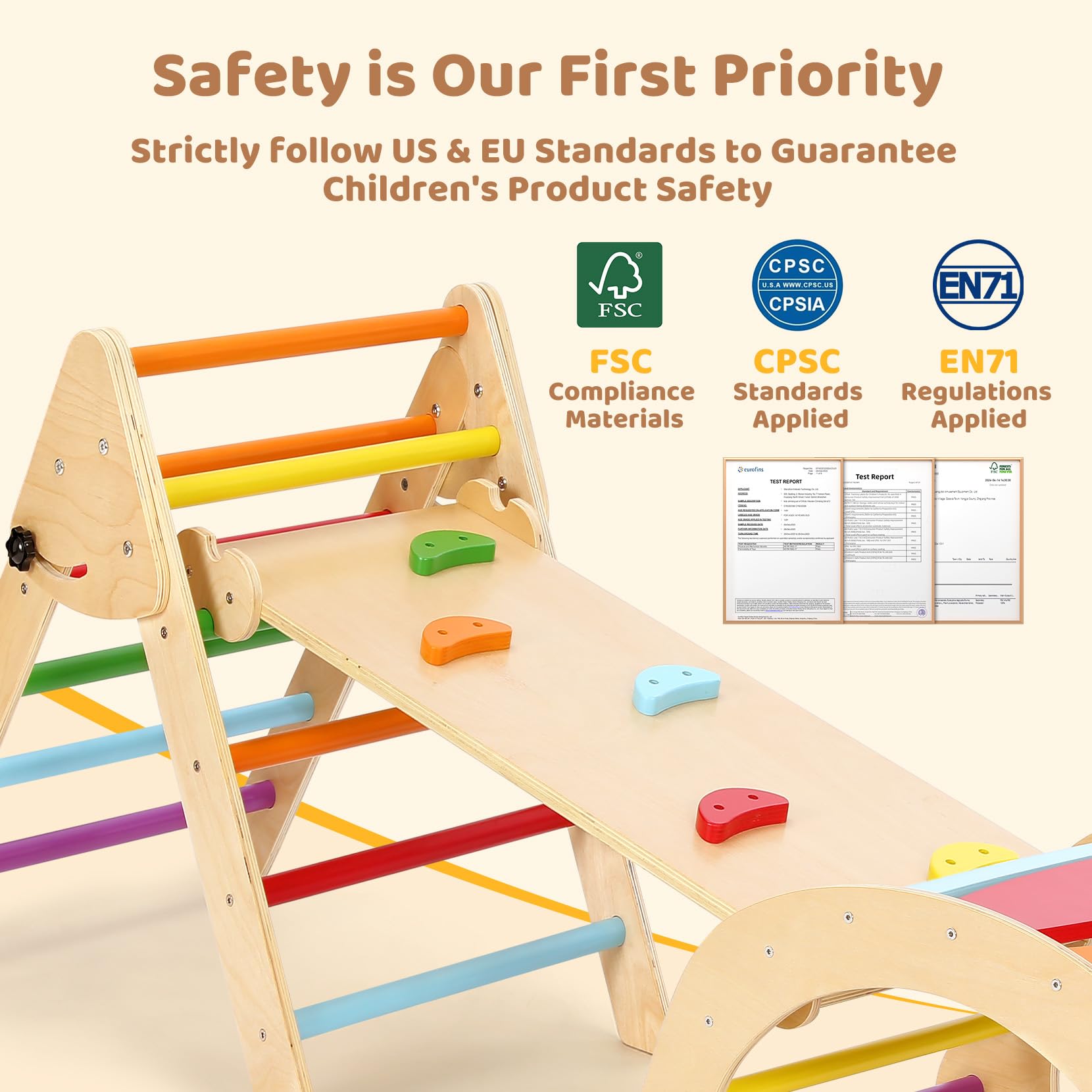 YOLEO 7-in-1 Foldable Pikler Triangle Set - Large Montessori Wooden Climbing Toys for Toddlers Ages 1-3 | Indoor Playground & Jungle Gym Playset with Rainbow Arch | Perfect for Home Playrooms, Daycares & Montessori Classrooms
