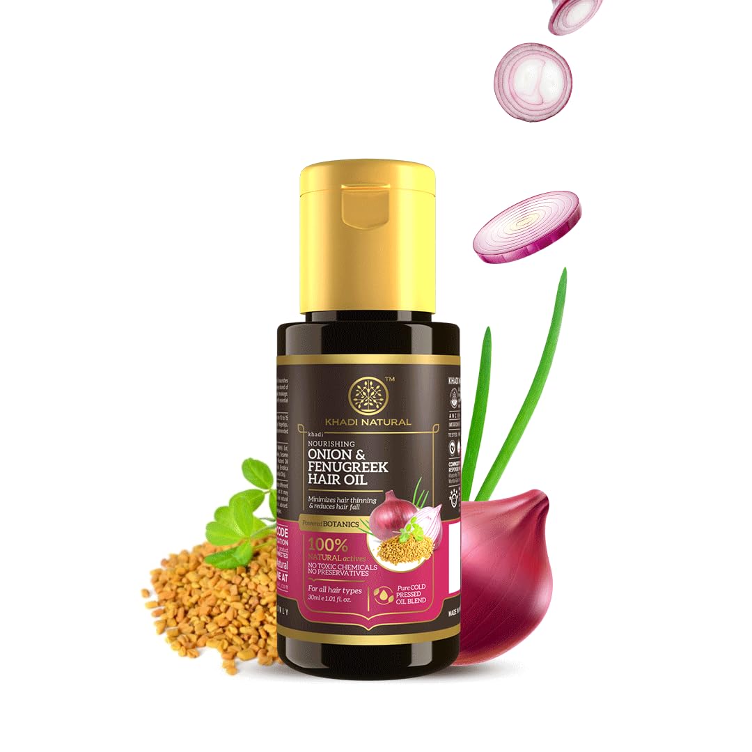 Khadi Natural Onion & Fenugreek Hair Oil for Hair Growth - 30ml | Strengthens Hair Follicles, Reduces Frizz | Paraben-Free Ayurvedic Treatment for Thicker, Healthier Hair | Perfect for Daily Hair Care & Scalp Massage