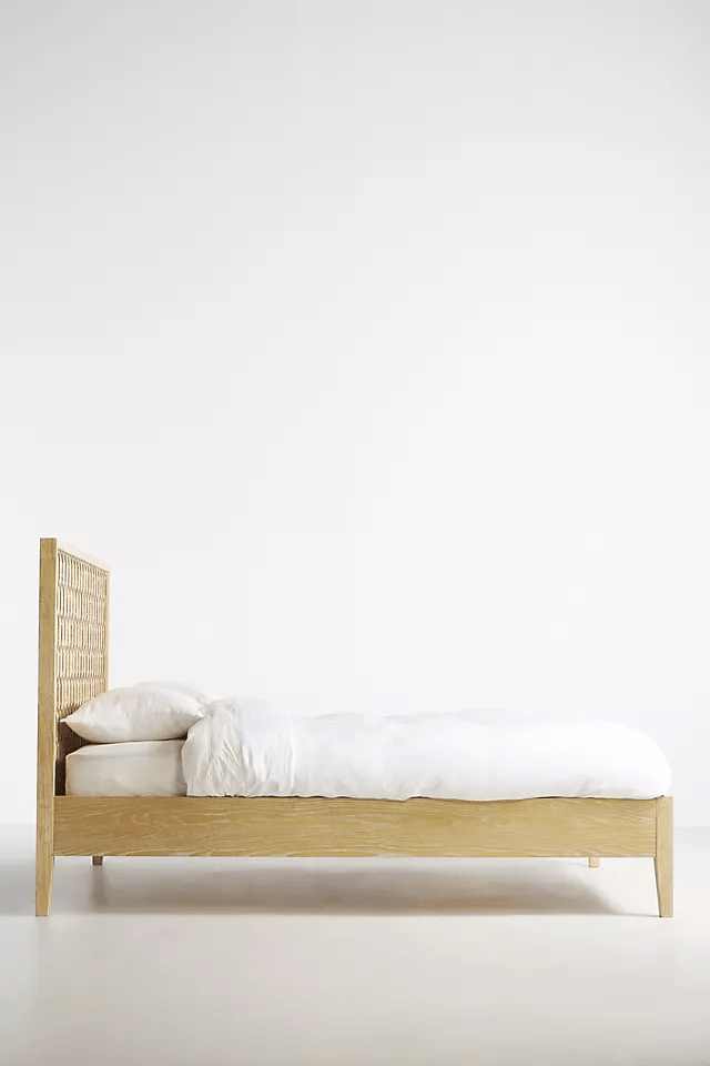 Hand Carved Textured Trellis Wooden Platform Bed - Natural Finish Queen/King Size Bed Frame with Headboard | Modern Farmhouse Bedroom Furniture for Master Bed, Guest Room & Dorm